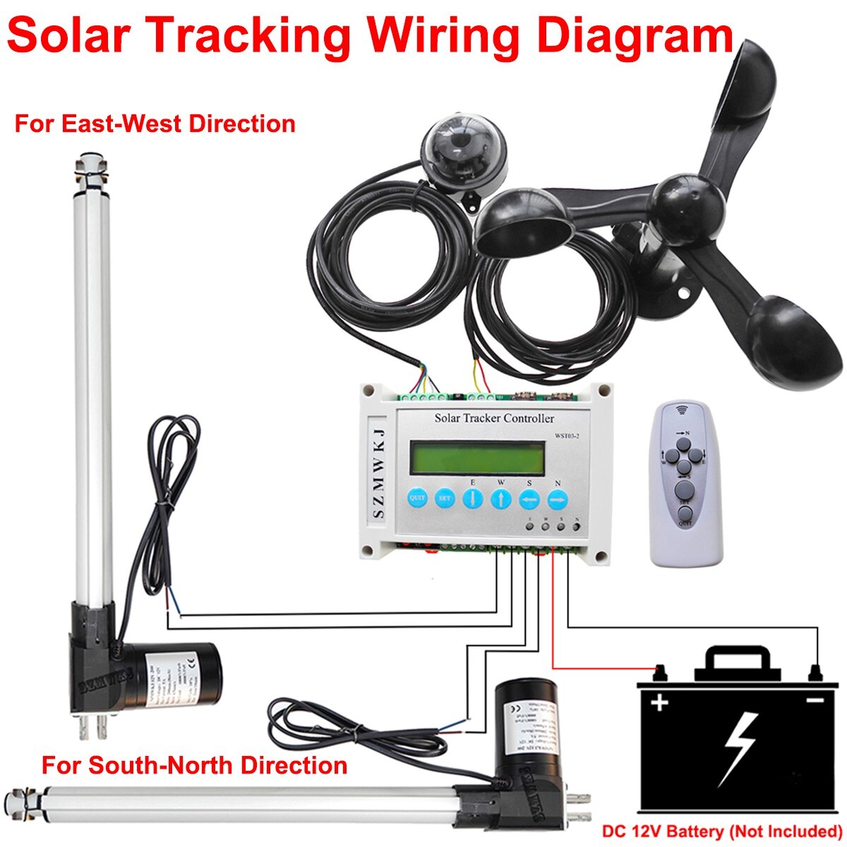 6000N 2PCS Linear Actuators Anemometer Kits W/ Dual Axis Solar Tracker Sun Track