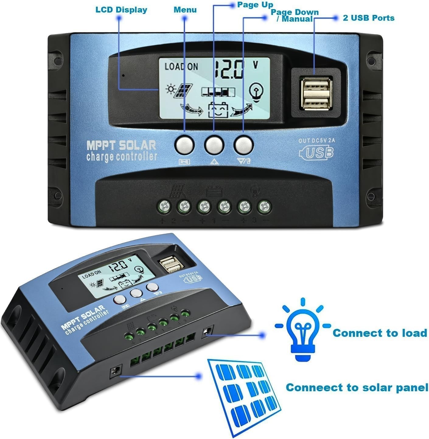 30A MPPT Solar Charge Controller 12V/24V Regulator, LCD Display, Dual USB, Timer