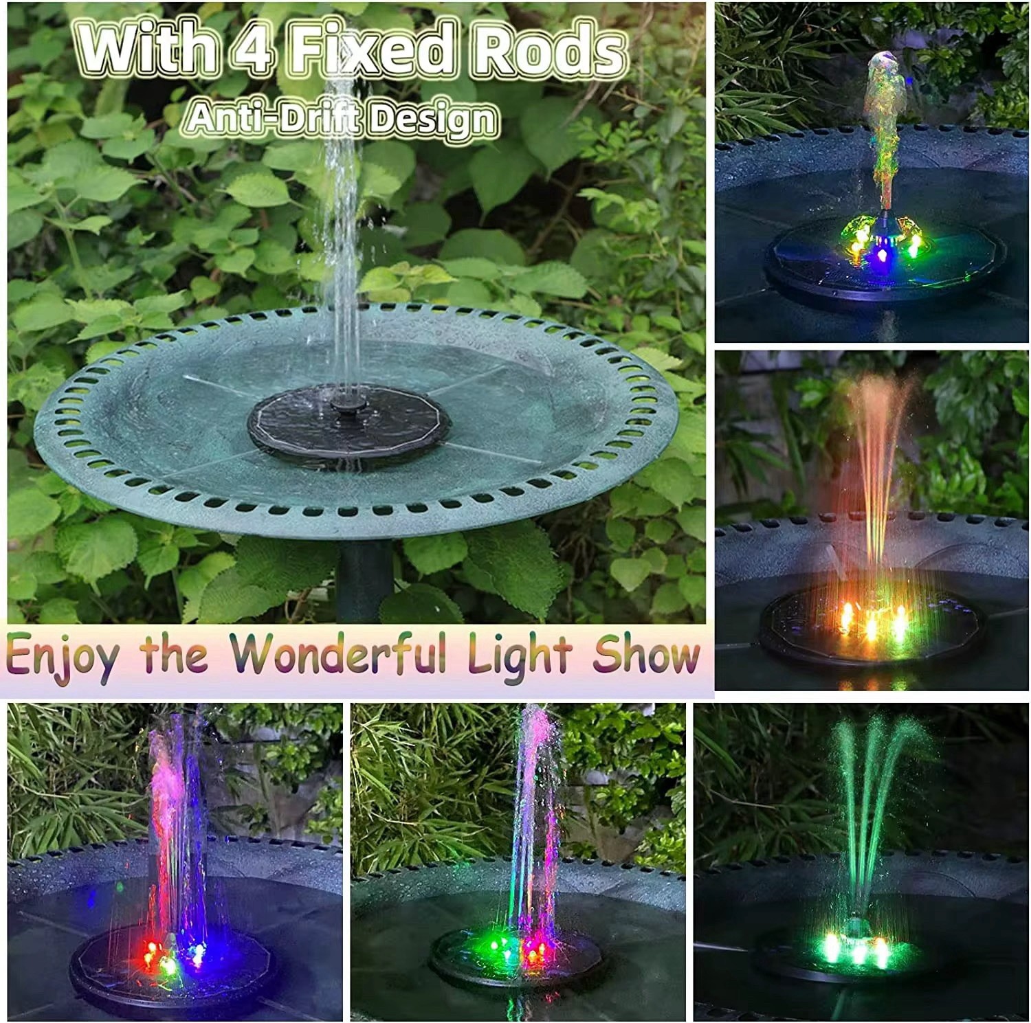 Solar Powered LED Fountain Pump, Rechargeable Battery, 8 Nozzles, 16cm
