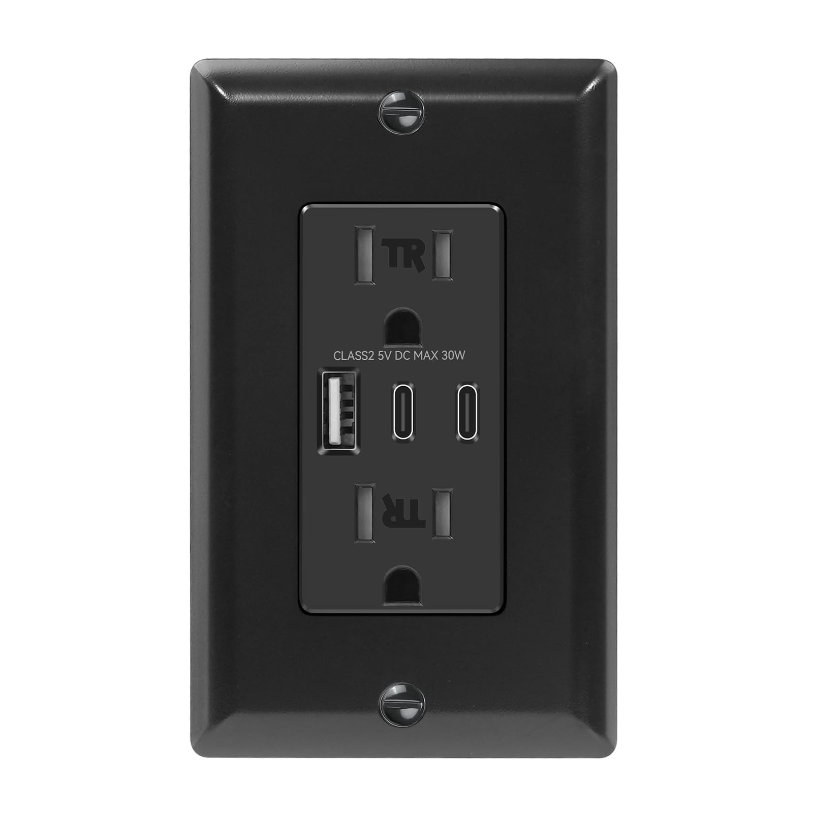 Black USB Wall Outlets with Dual Type C & A Port, 15A TR Receptacle