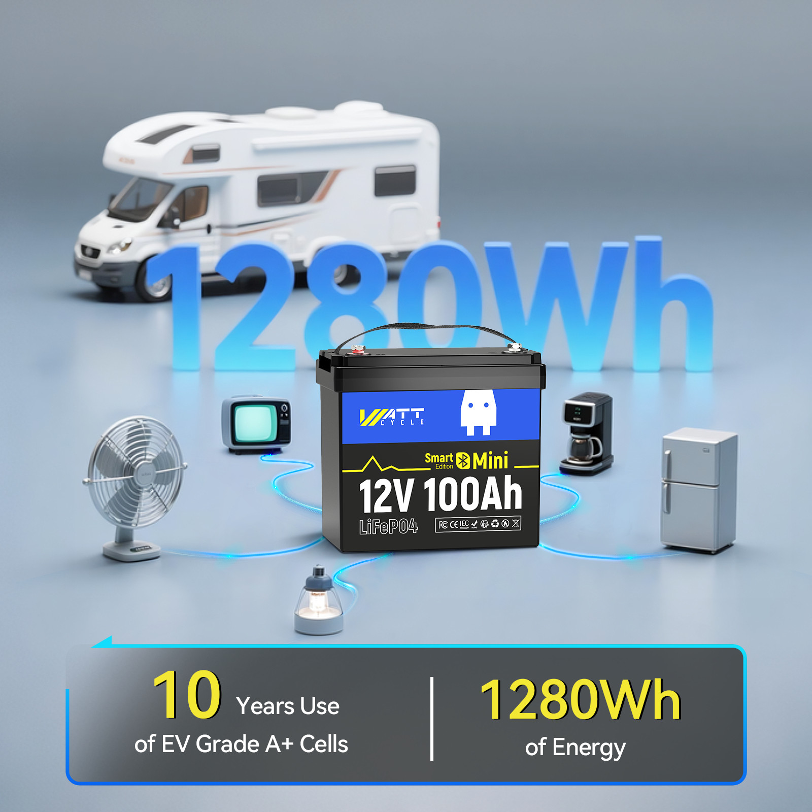WattCycle 12V 100Ah Lithium Deep Cycle Battery Bluetooth for RV Solar Off-Grid