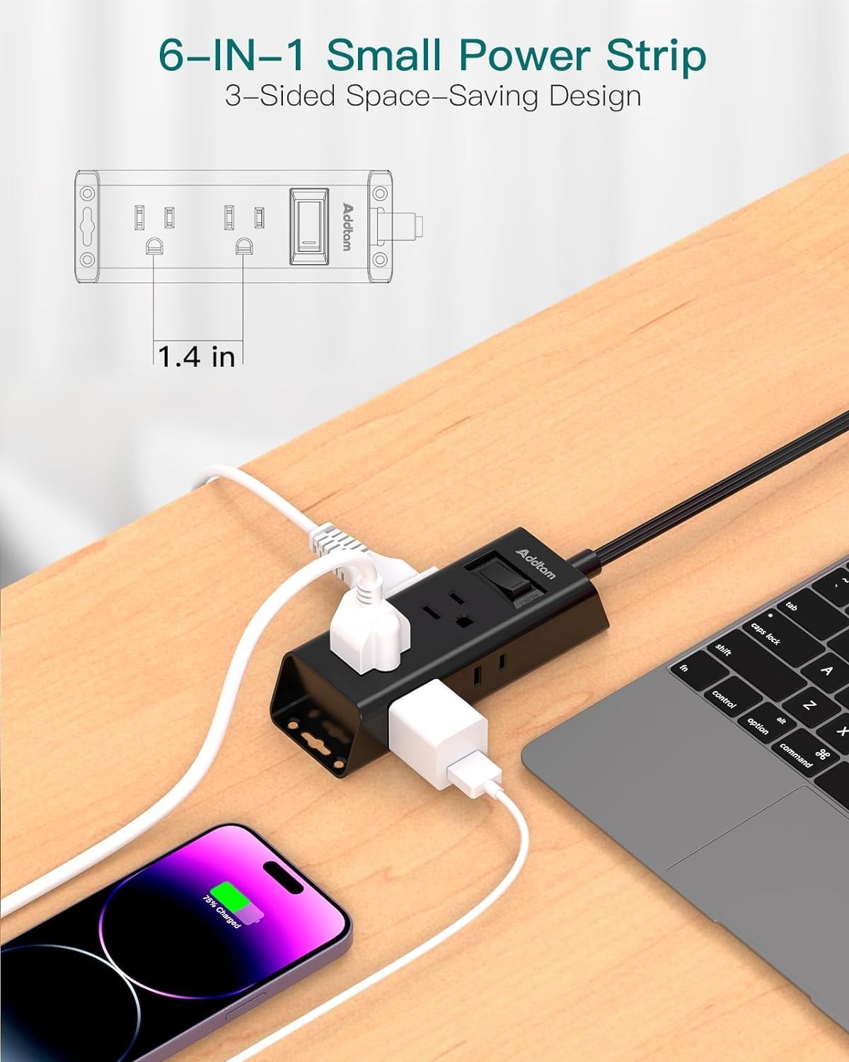 Compact 5ft Flat Plug Power Strip with 6 Outlets – Ideal for Cruise and Travel