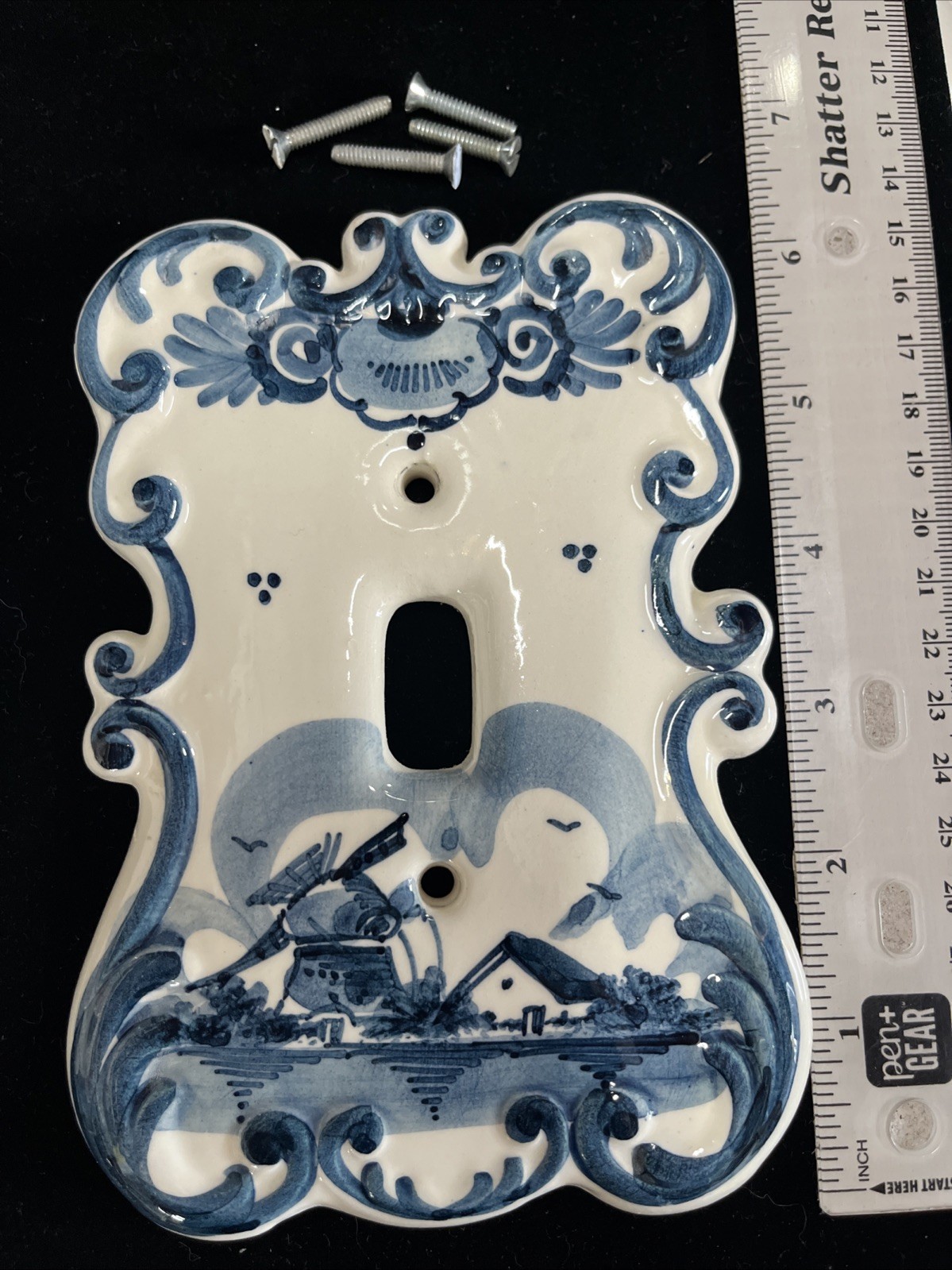 Handpainted Delft Blue Light Switch Plate Cover 6 x 4.25 Scalloped Edge Windmill