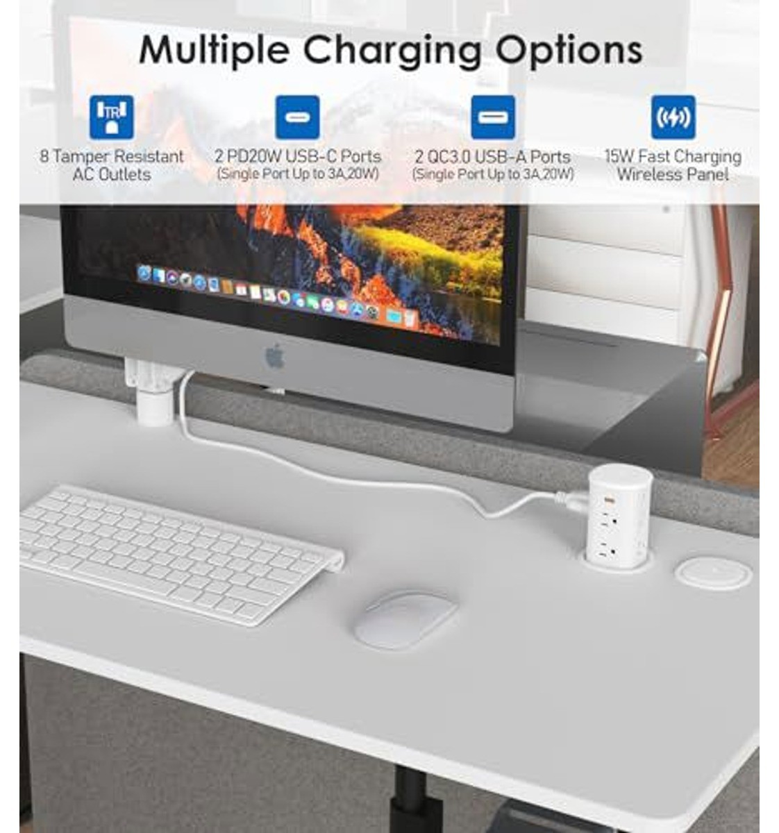 3″ Pop-Up Countertop Outlet 4 USB 15W Wireless Charger 20W PD ETL Listed White