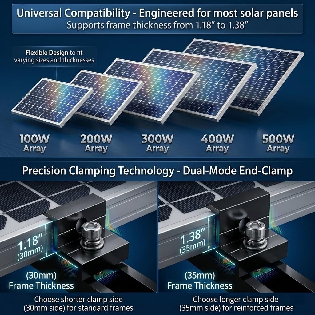 Solar Panel Mounting Kit for 1.18″ & 1.38″ Thickness, Aluminum Rails, Roof Mount