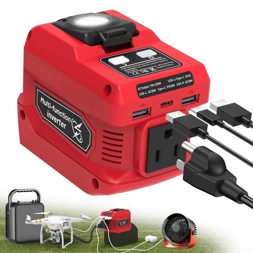 220W Power Inverter for Milwaukee 18V Battery DC 18V to 110V AC Portable USB LED