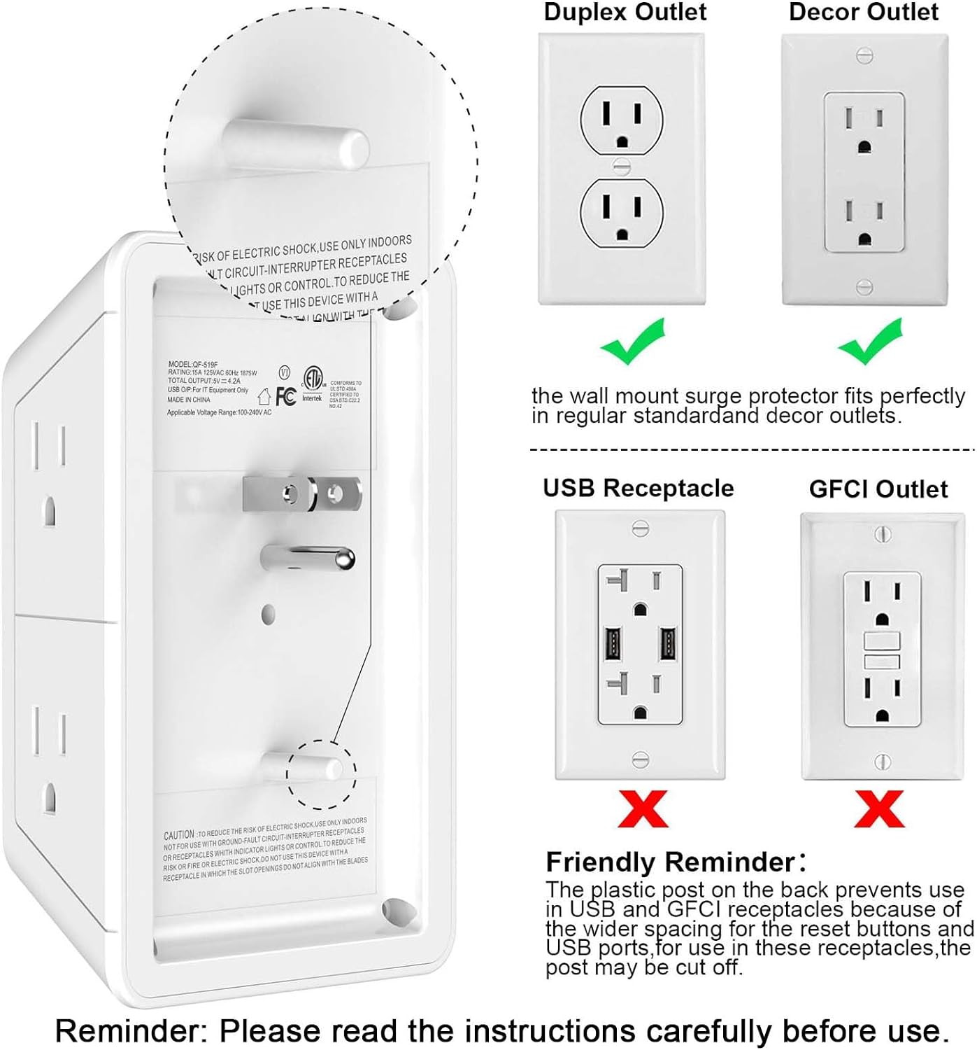 5 Outlet Extender Multi Plug Wall Outlets with 4 USB Charging Ports (1 USB C Out