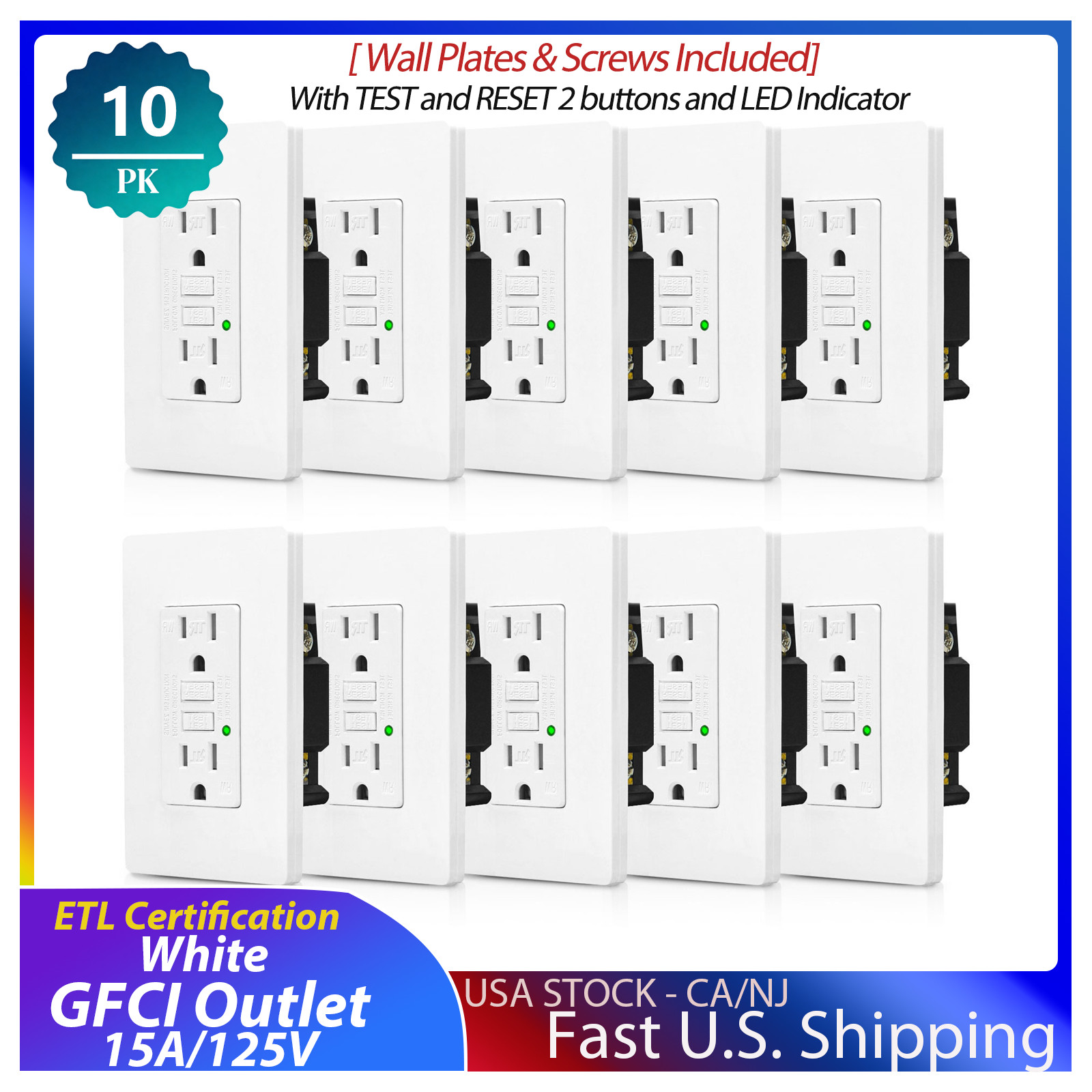 10Pack 15 Amp GFI Electrical GFCI Outlet,TR & WR,with LED Indicator & Wall Plate