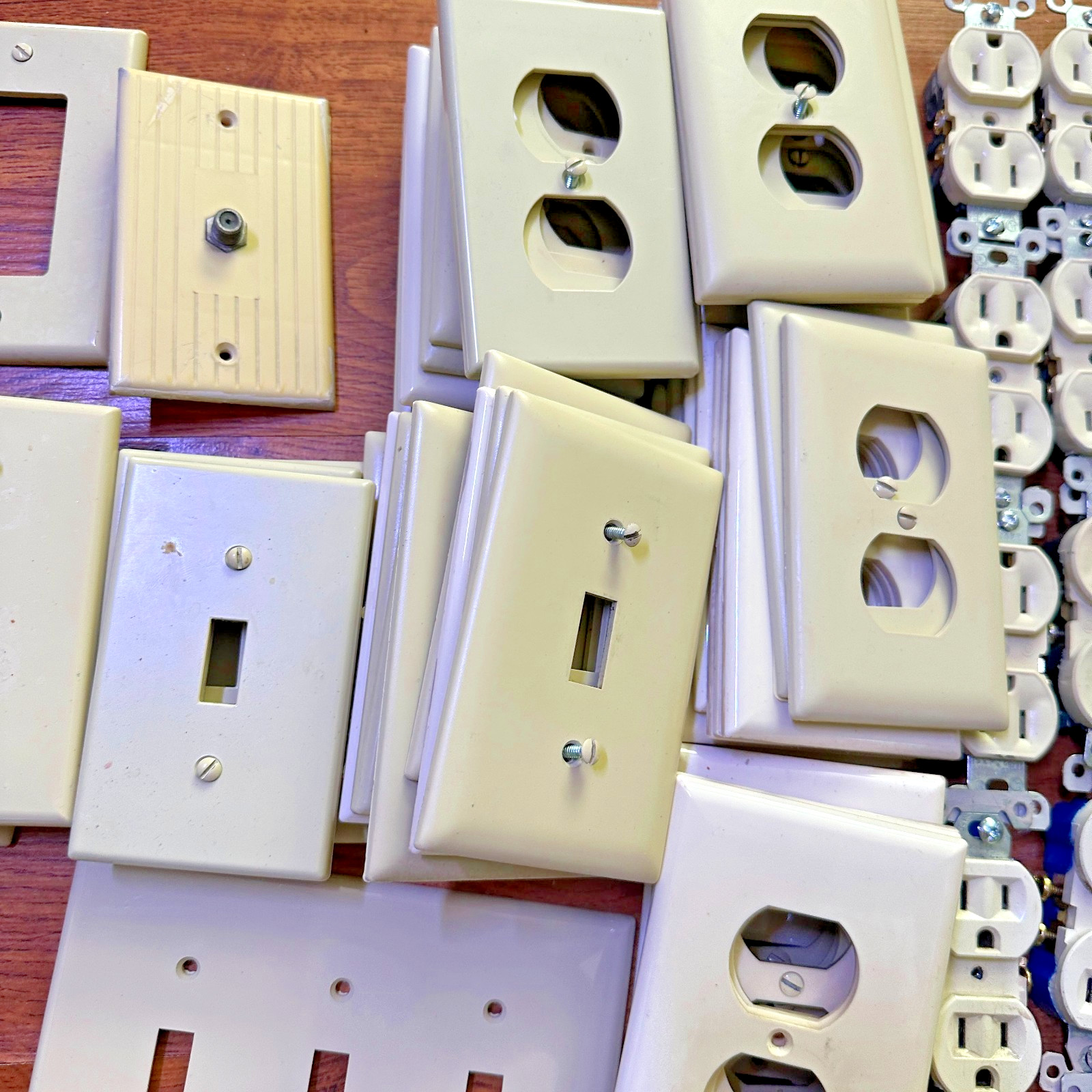 150+ Pcs-Used Electrical Set: Outlets, Switches, GFCI, USB, Covers -Light Almond