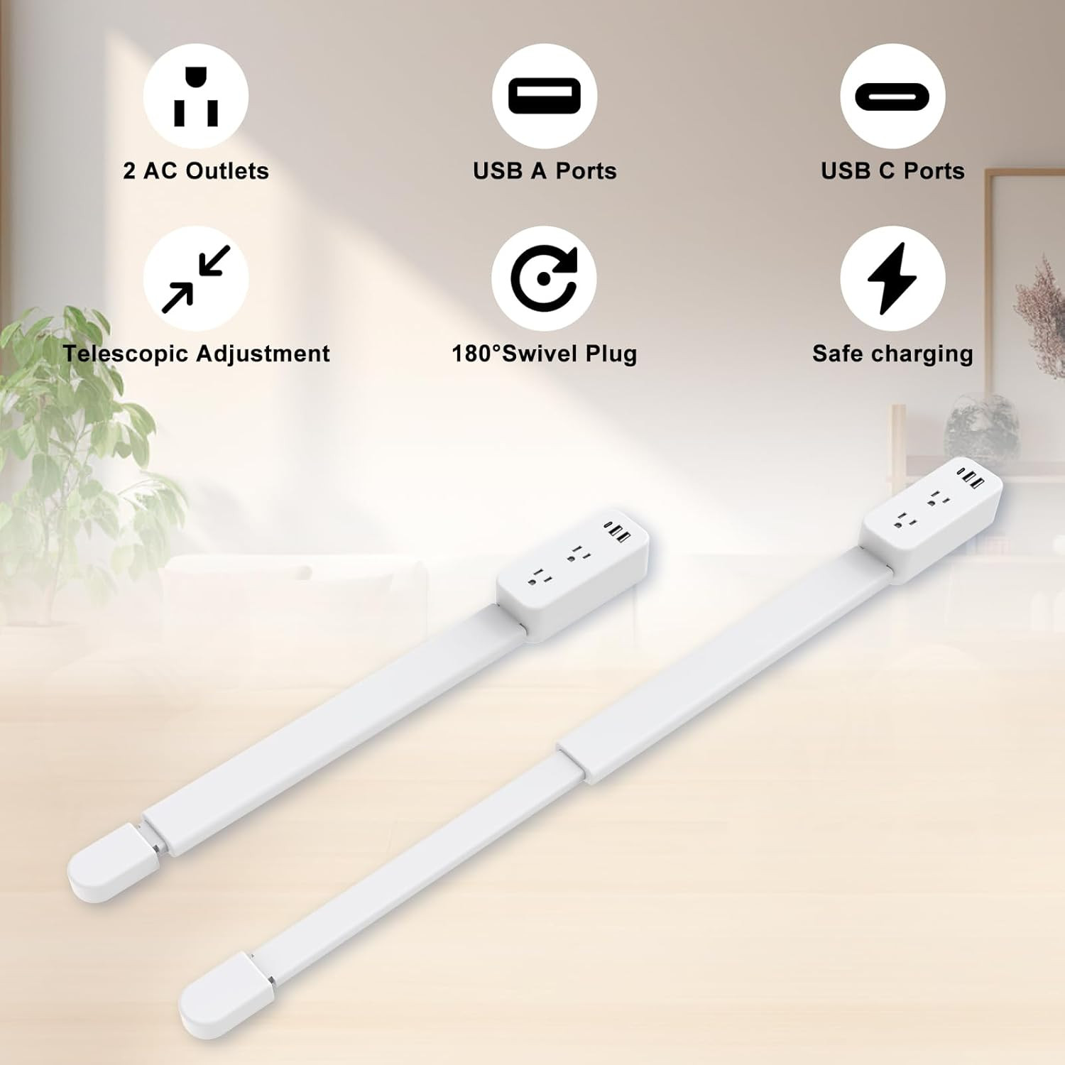 Electrical Outlet Extender Stick – Features USB-A, USB-C and 2 AC Outlets, Exten