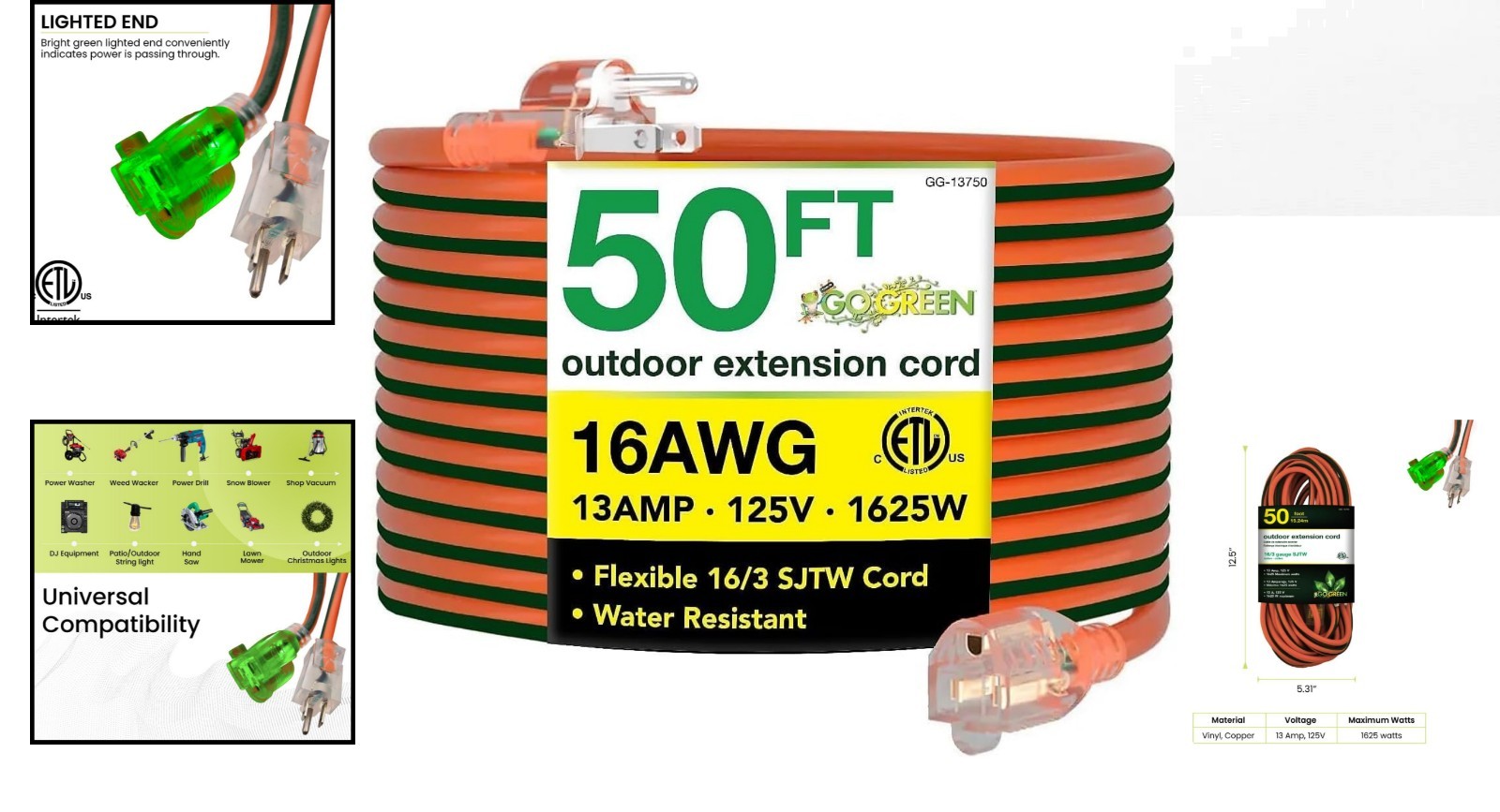 Outdoor Essential: Go Green 50-Foot Heavy-Duty Extension Cord with Lighted End