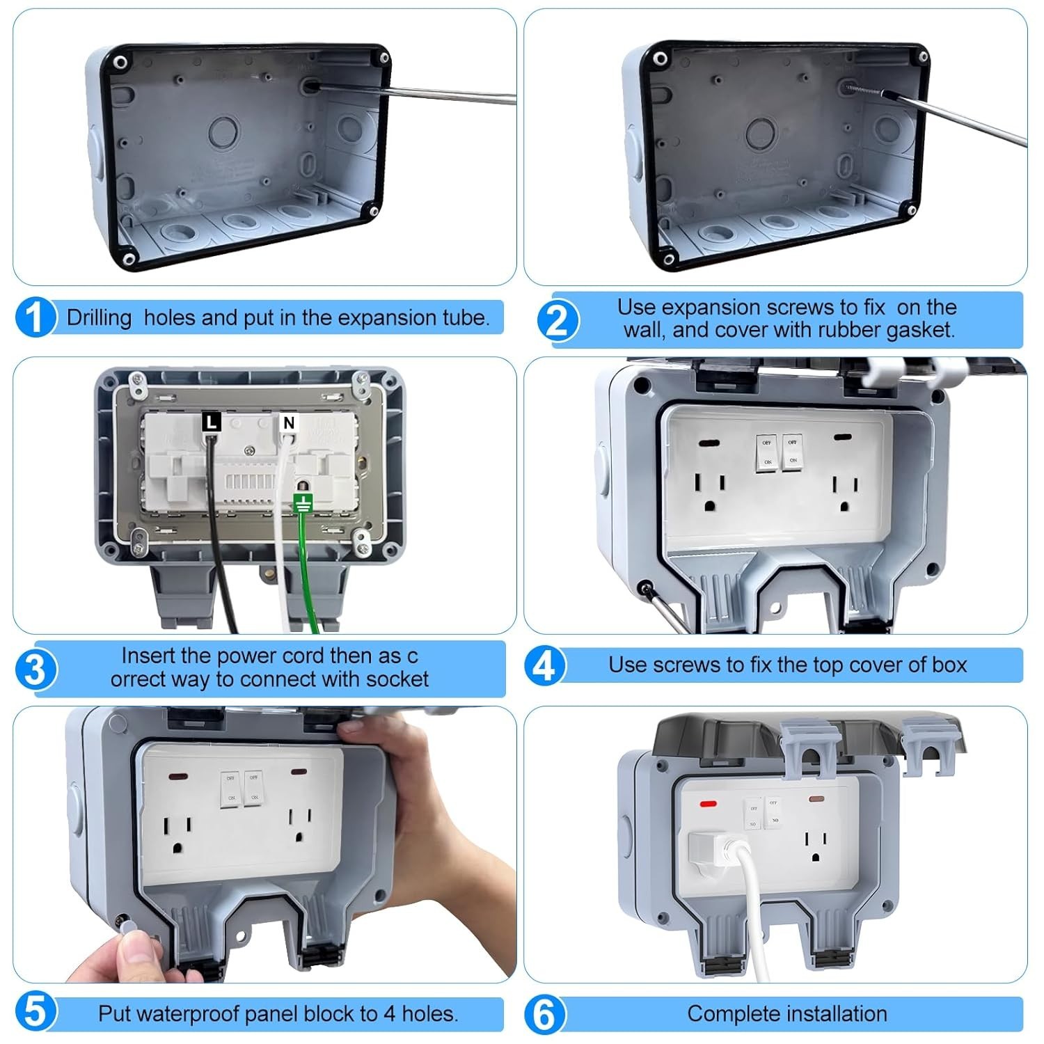Double Outdoor Outlet with Box Waterproof IP66 Outdoor Electrical Receptacle, Ou