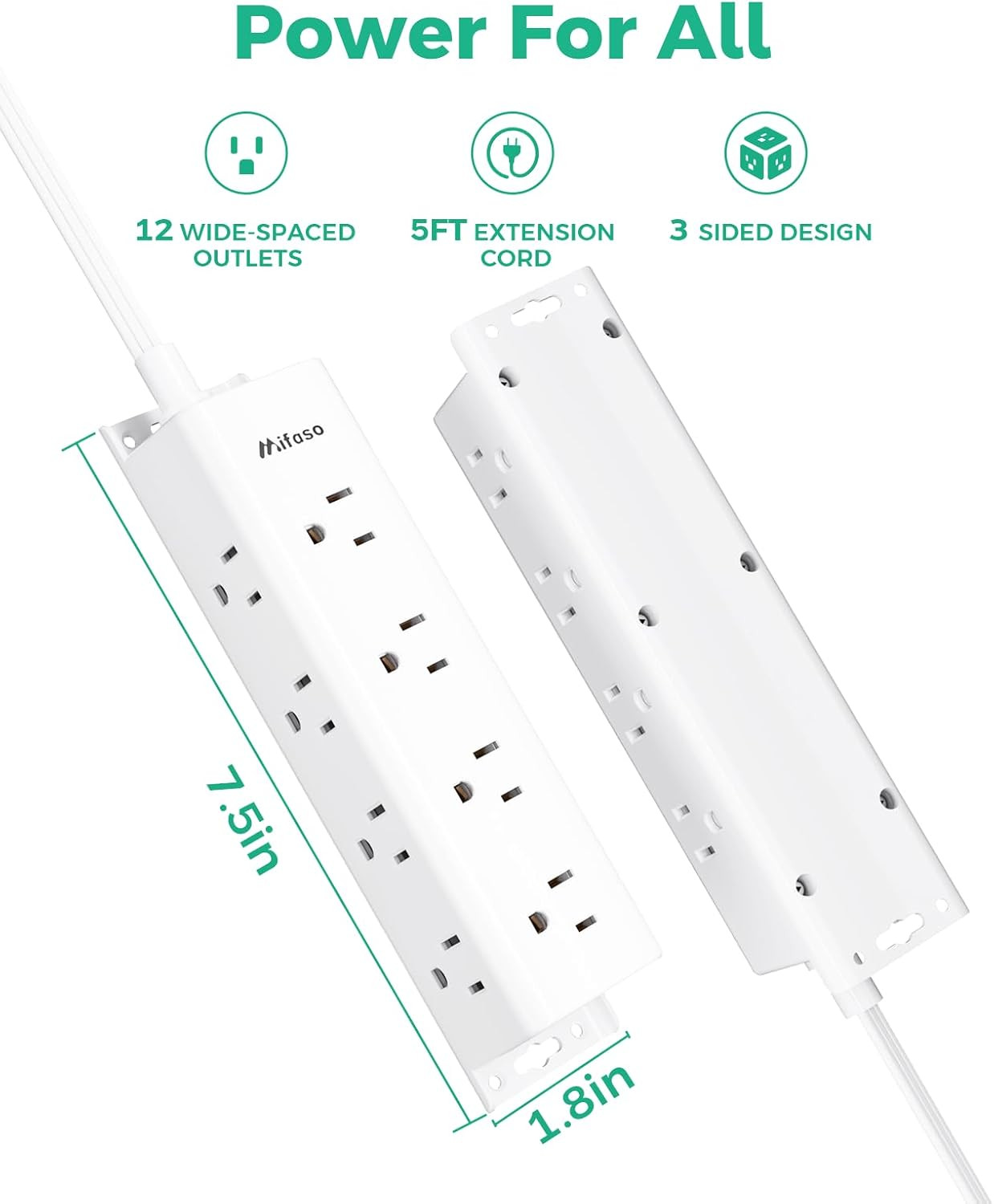 Surge Protector Power Strip – 12 Widely Spaced Multi Outlets, Wall Mount, 3 Side