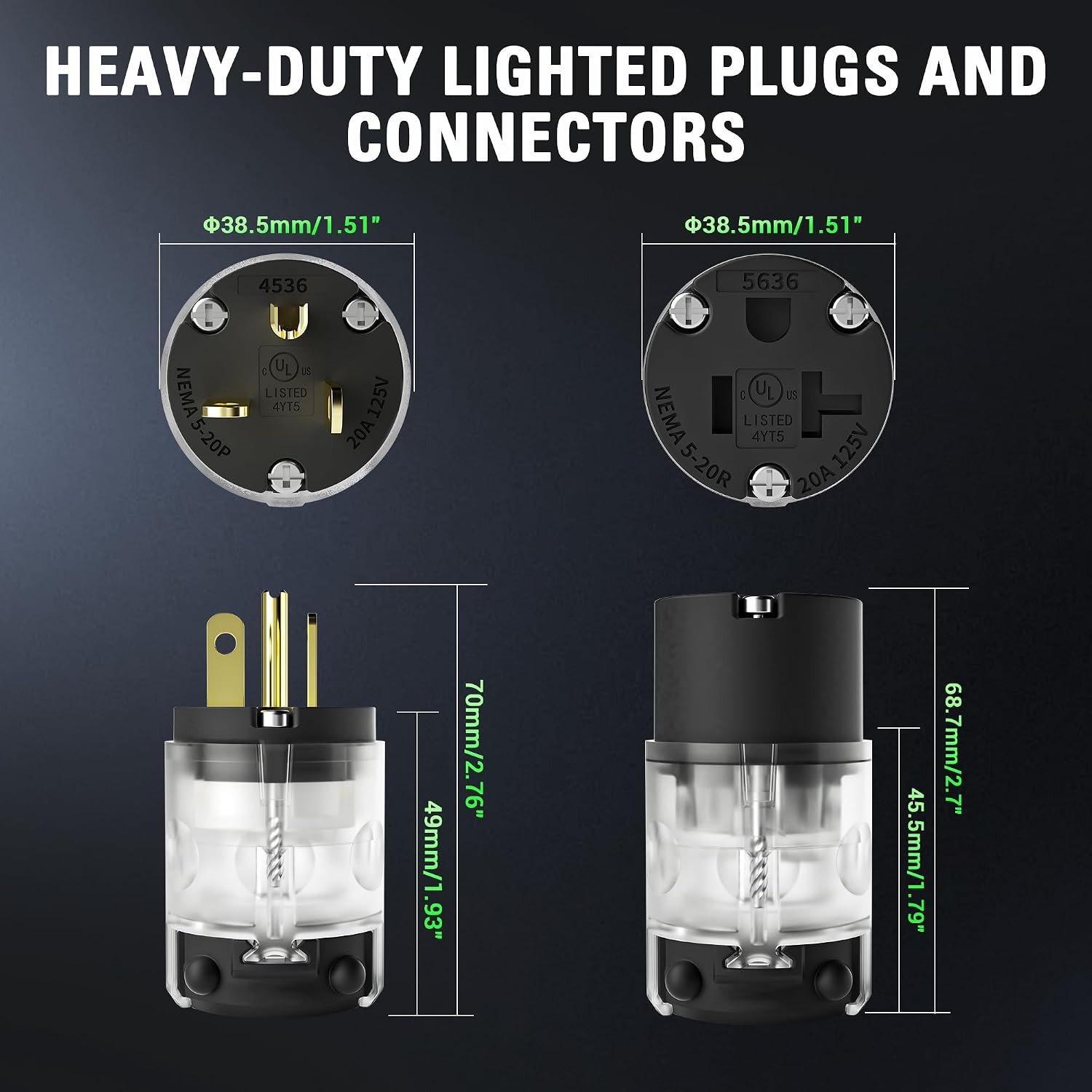 5 Set Lighted 5-20 Amp 125Volt Extension Cord Ends Connector Extension Cord Repa