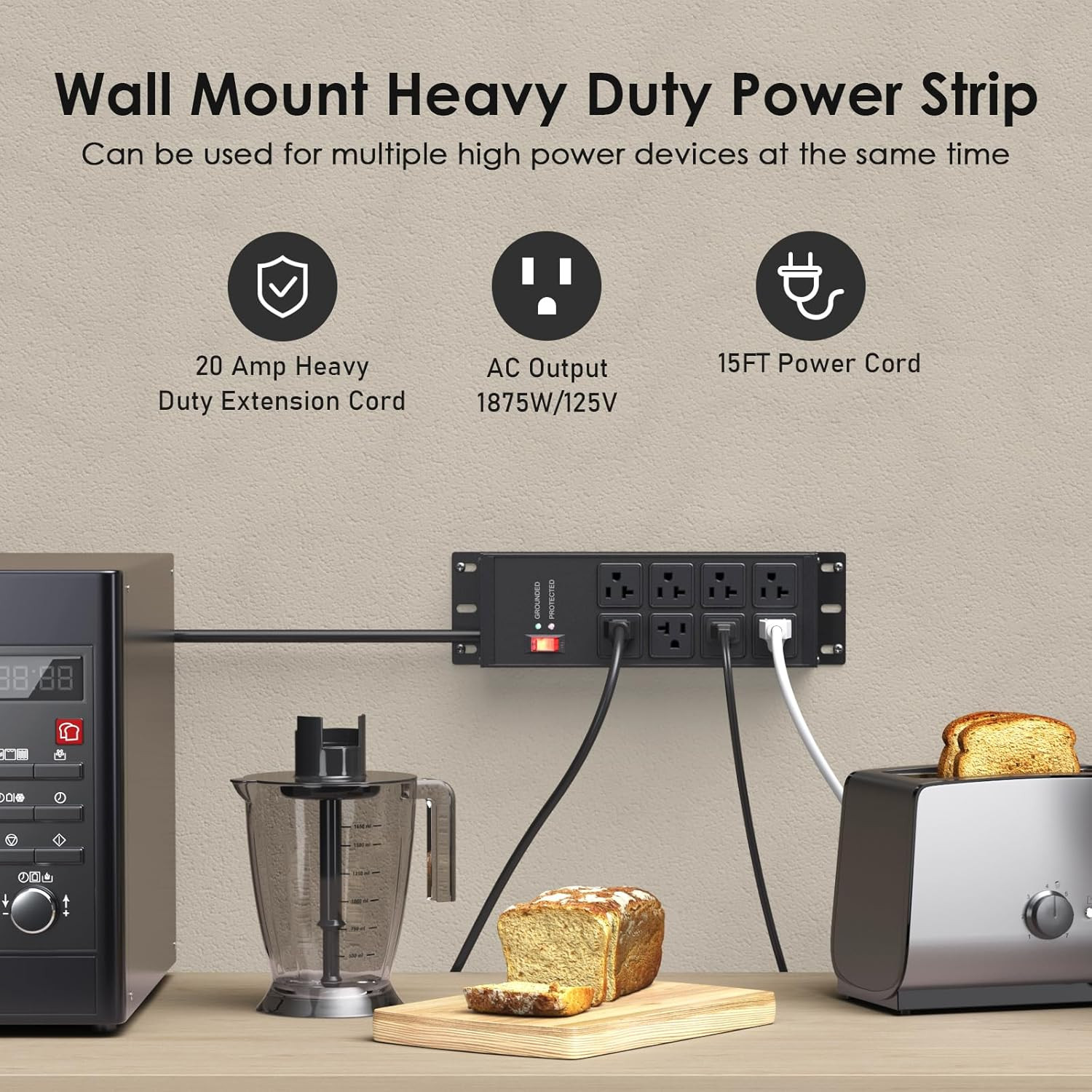 Heavy Duty Surge Protector Power Strip 4800J, Garage Metal 8 Outlets 20 Amp 12 G