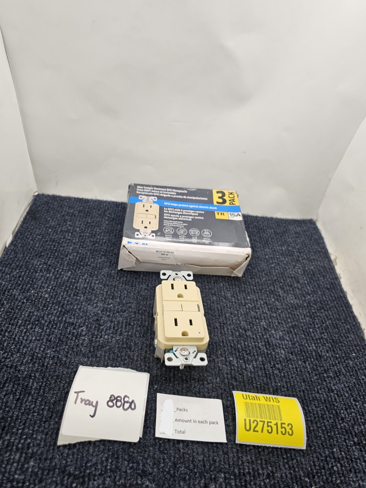 (QTY 3) Eaton TRGF15V-3-L: 15A Tamper Resistant Duplex Receptacle – Ivory