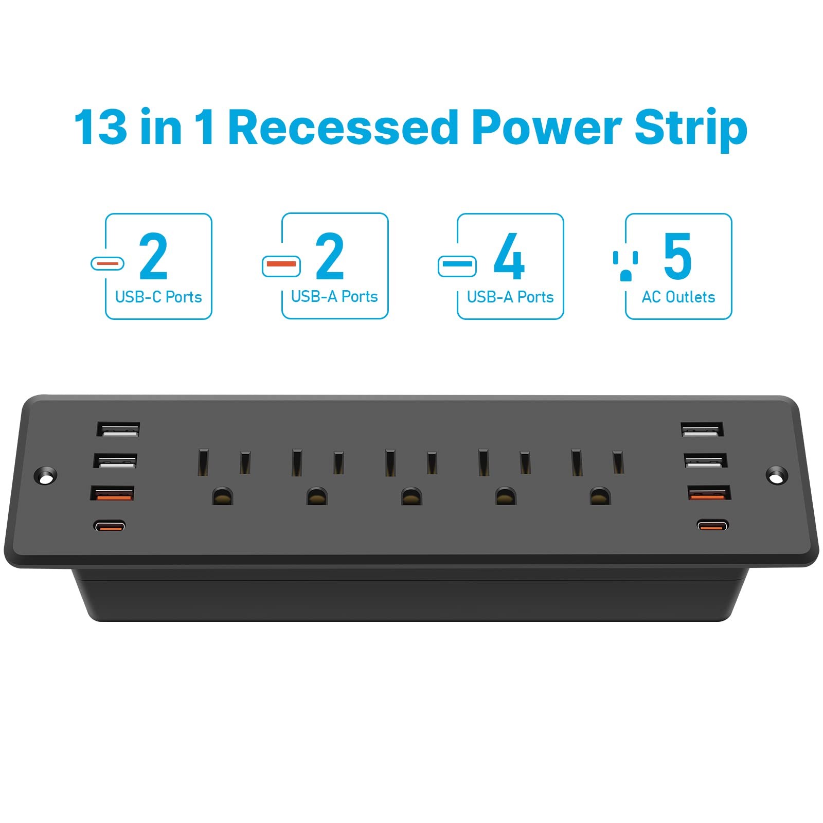 Recessed Power Strip 5 Outlets with USB-A and USB-C Ports, Furniture Desk Hid…