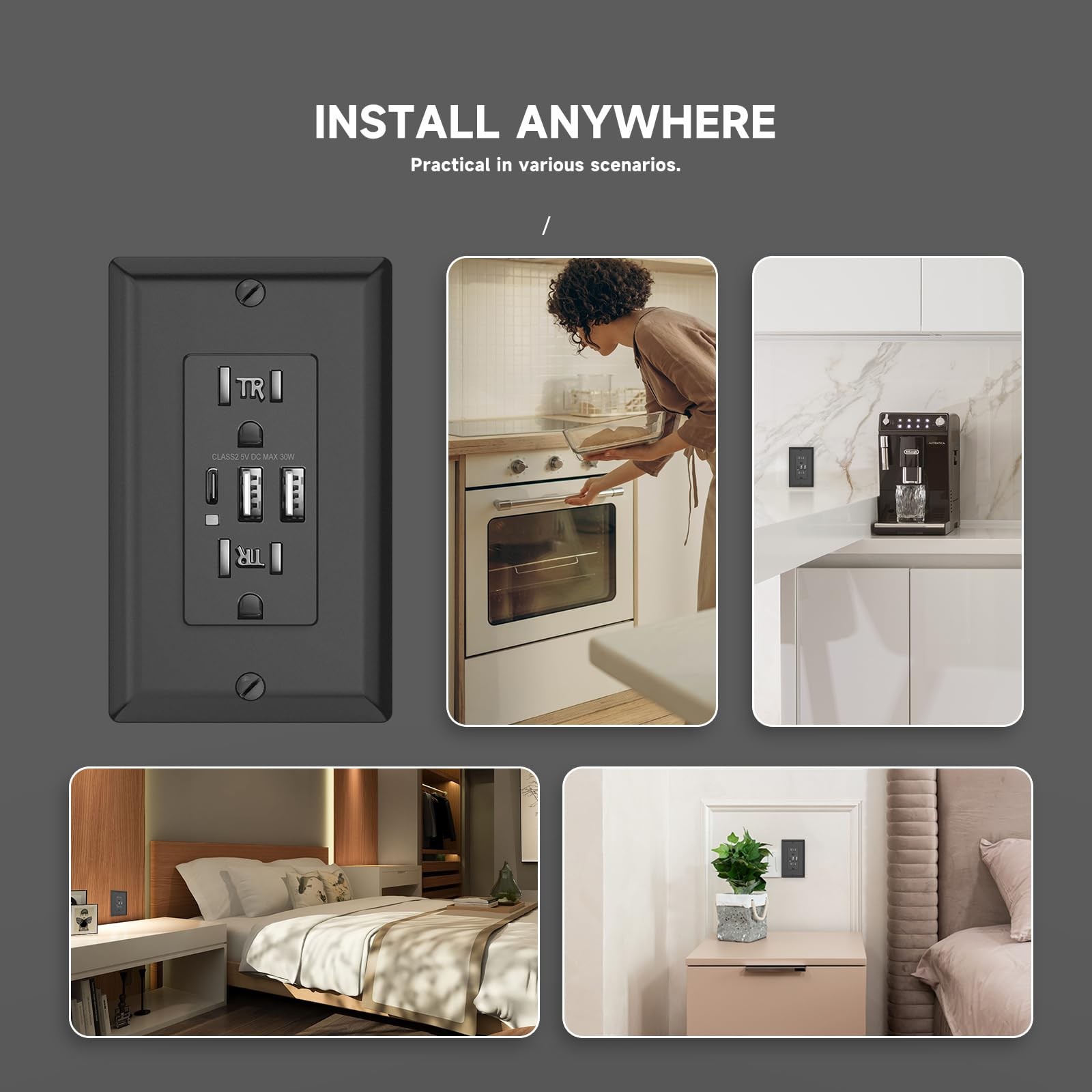 USB Outlet, 15 Amp TR Receptacle Plug with USB C Wall Charger, 30W 6.0A Charging