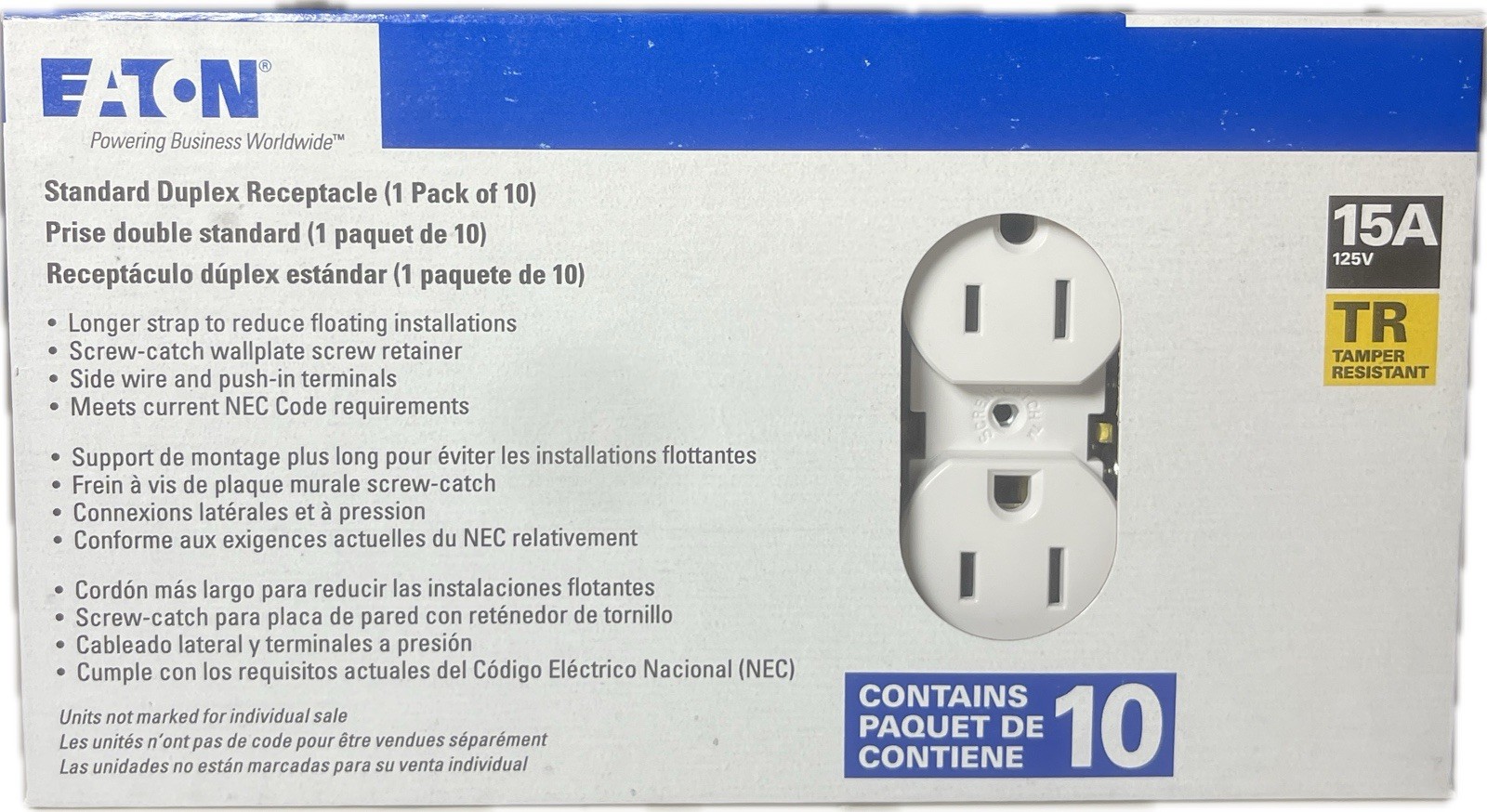 Eaton TR270W-10-LW 15A 125V Tamper Resistant Duplex Receptacle 10 Pack White