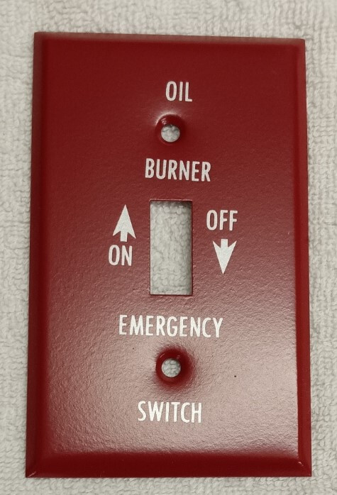 VINTAGE METAL OIL BURNER EMERGENCY SWITCH COVER PLATE, NEW OLD STOCK