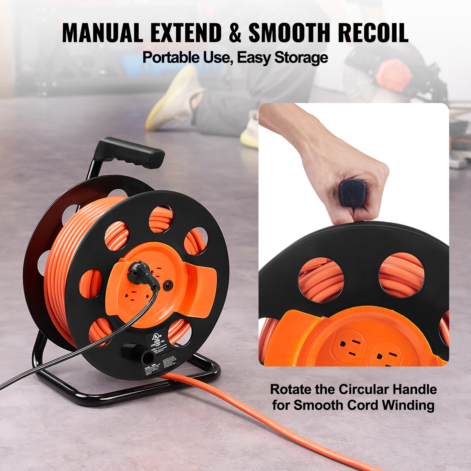 Extension Cord Reel 100FT with 4 Outlets 14AWG SJTOW Manual Cord Reel