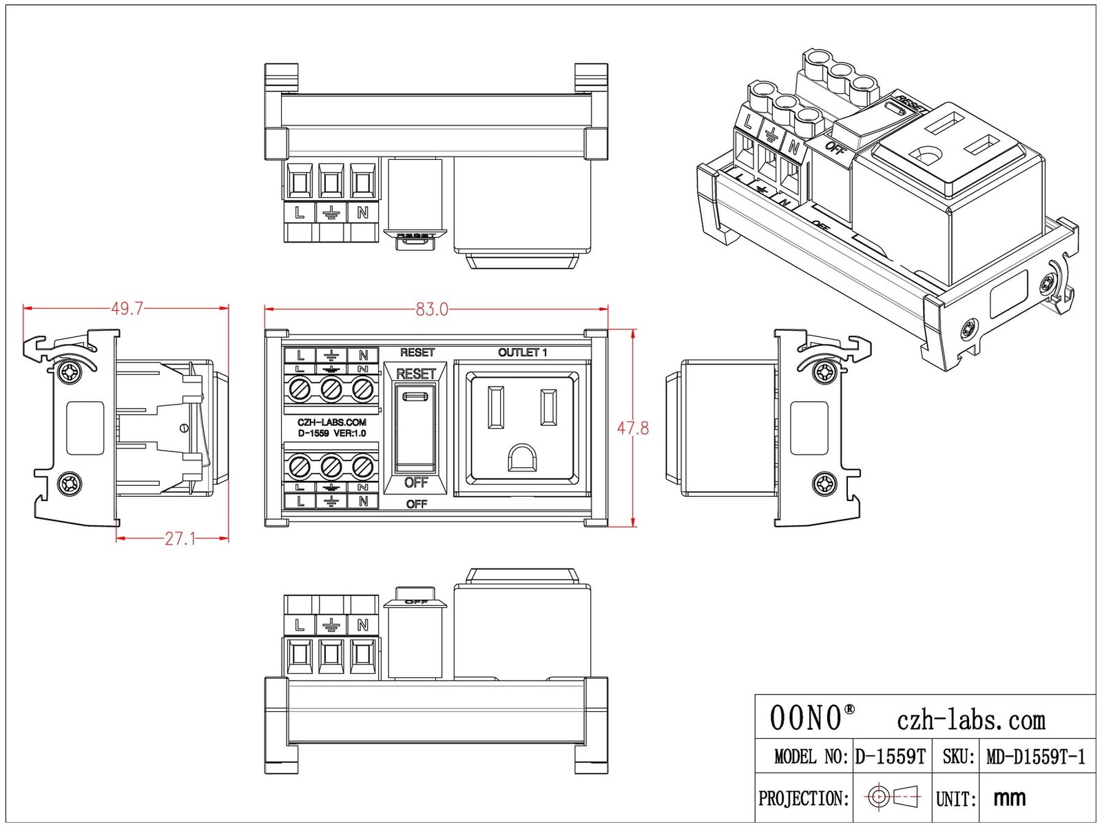 OONO D-1559T DIN Rail Mount 120V NEMA 5-15R Single Receptacle Outlet Module