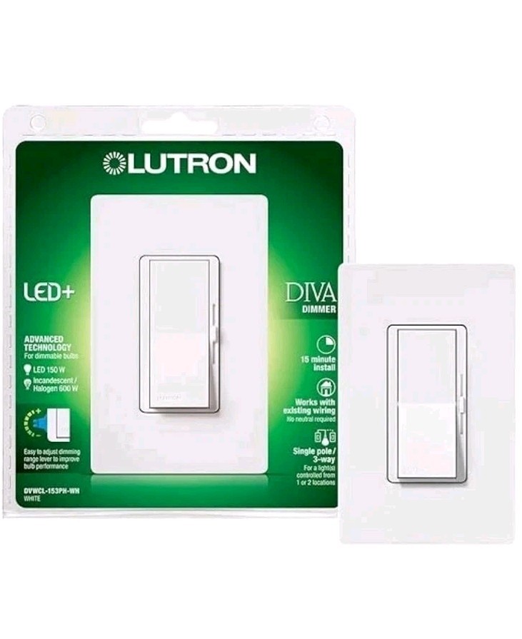 Lutron Diva LED+ Dimmer with Wallplate, Single-Pole or 3-Way, DVWCL-153PH-WH NEW