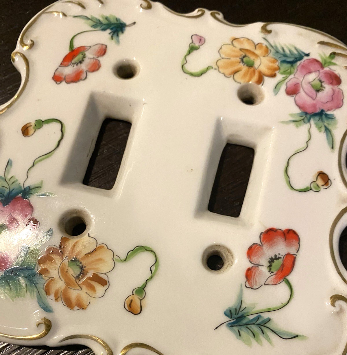 Vtg Cottage Floral Porcelain Double Light Switch Cover Ornate Victorian Style