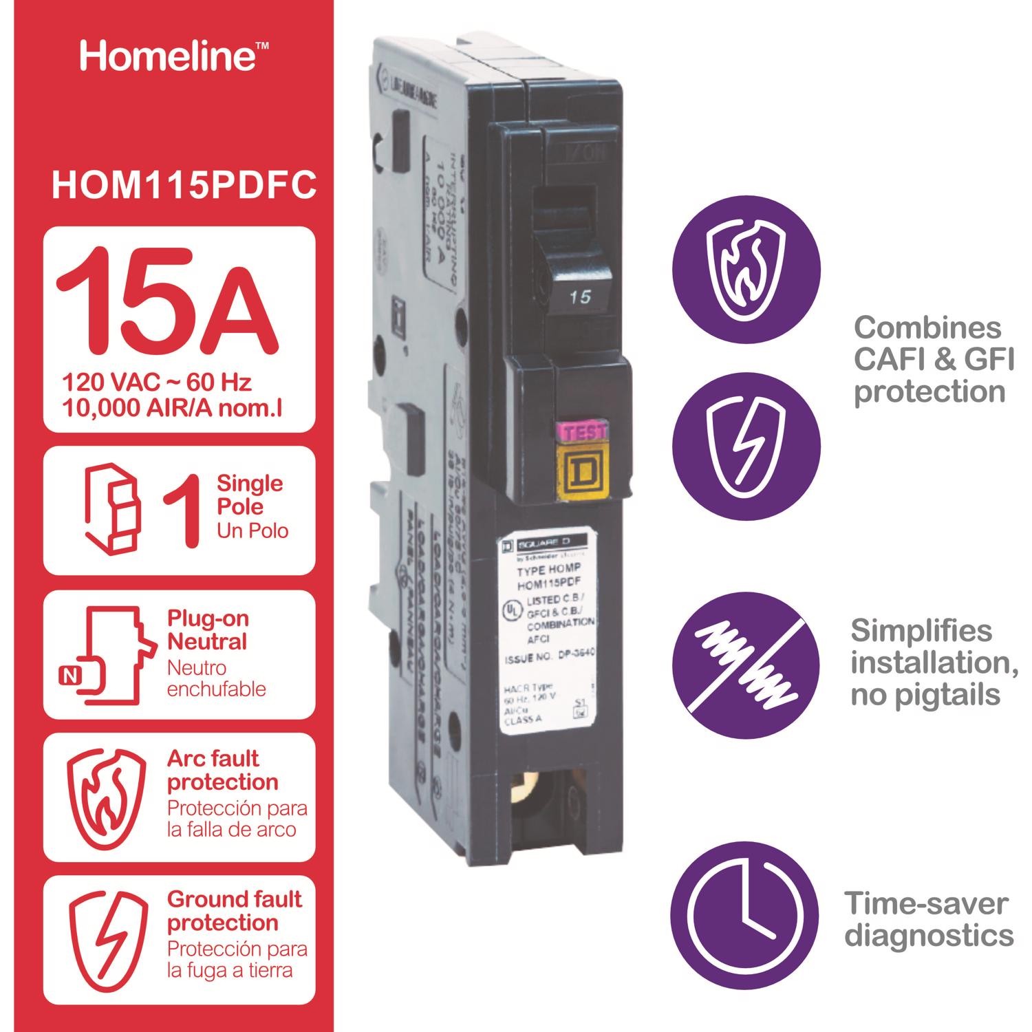 Square D HOM115PDFC 15A 120V 1-Pole Plug-In Miniature Circuit Breaker 8 L in.