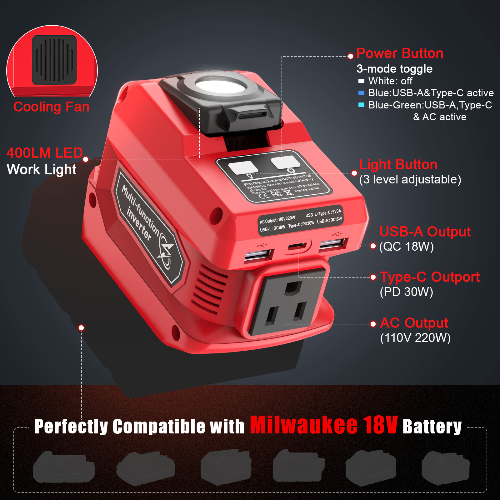 220W Power Inverter Compatible with Milwaukee 18V Battery – DC 18V to 110V AC