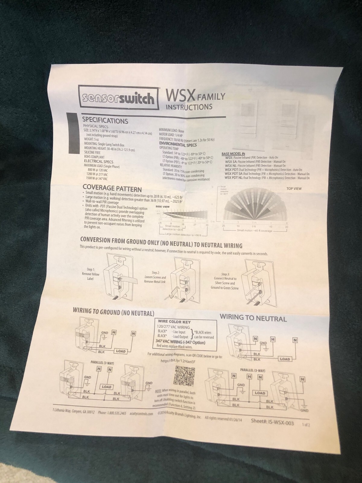 NEW Acuity Controls Sensor Switch WSX WH Wall Switch Sensor 120/277