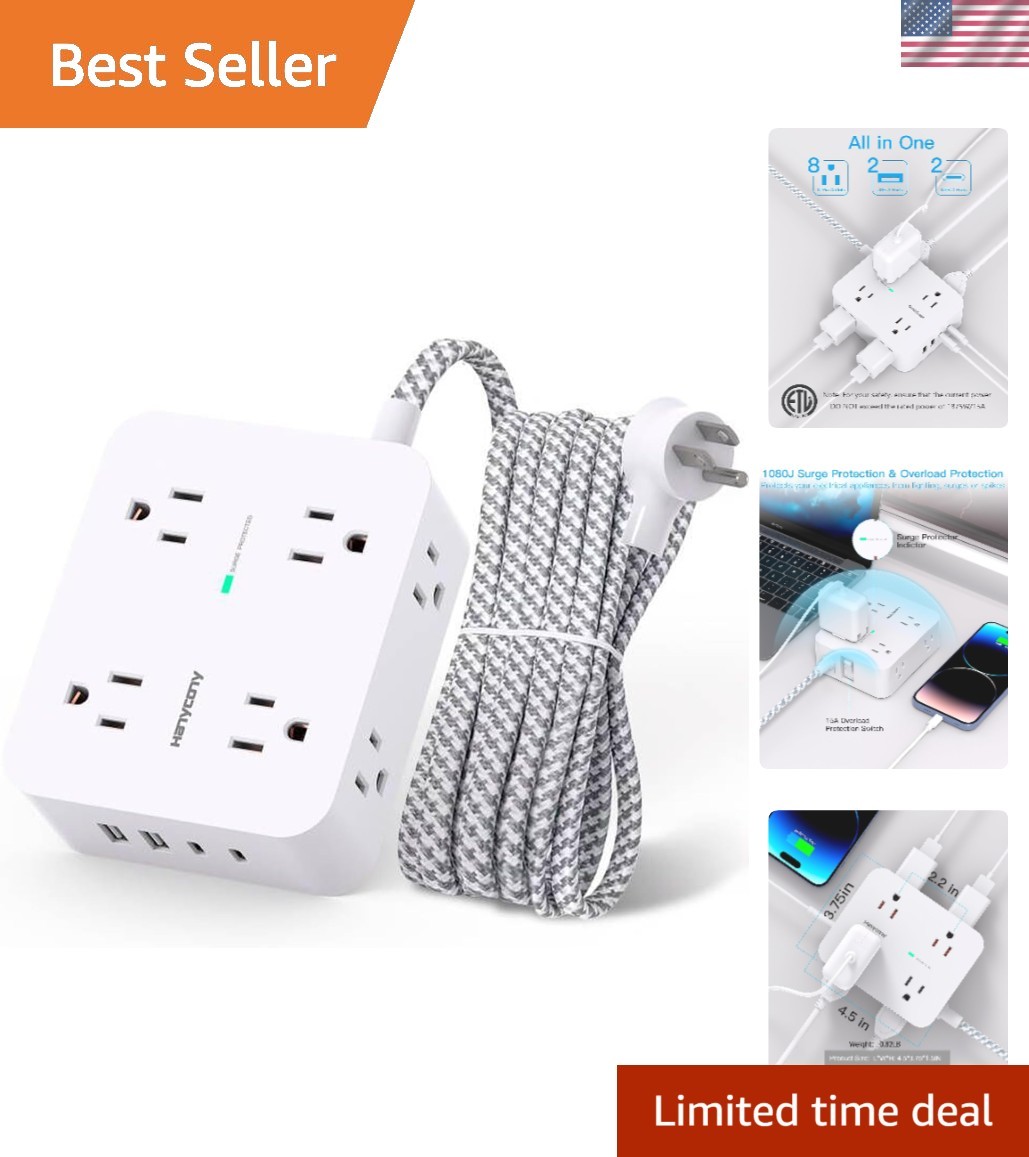 1080J Surge Protection Power Strip with Compact 8 Outlets & USB C Charging Ports