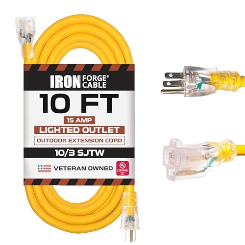 10 Foot Lighted Outdoor Extension Cord – Yellow 10 Gauge 3 Prong Grounded Plug