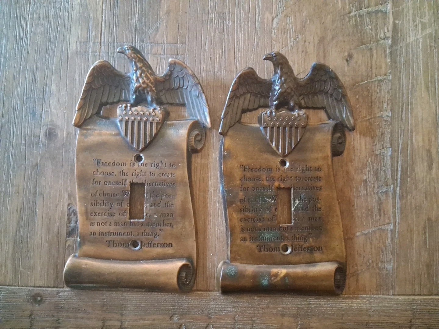 2 Brass Metal American Eagle Freedom Light Switch Plate Covers THOMAS JEFFERSON