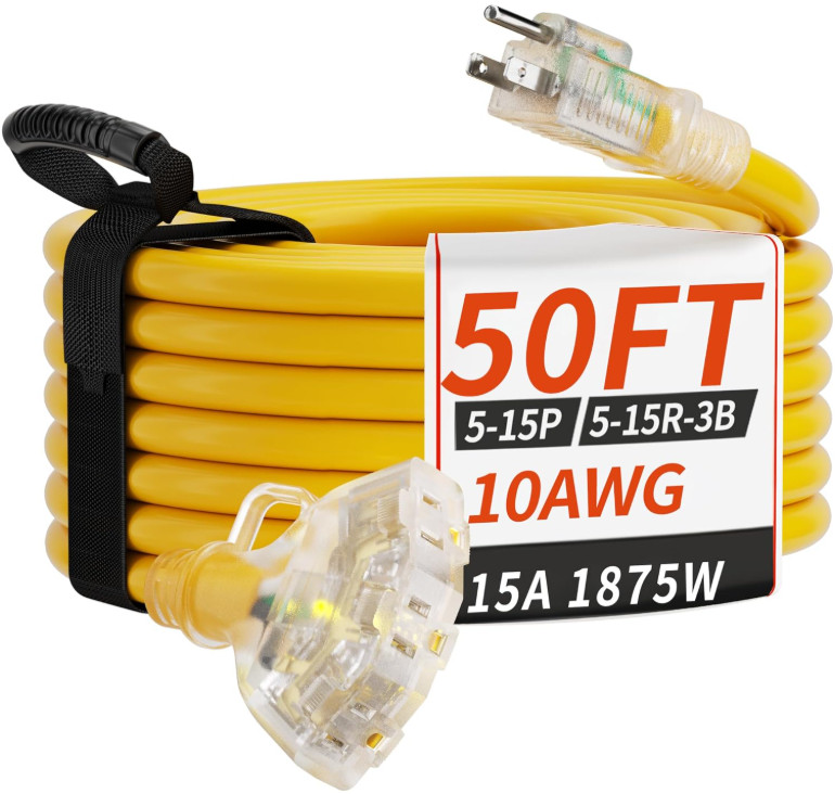 Extensión Exterior 50 ft 10AWG 3 Tomas Impermeable Indicador Luz 15A, Nuevo