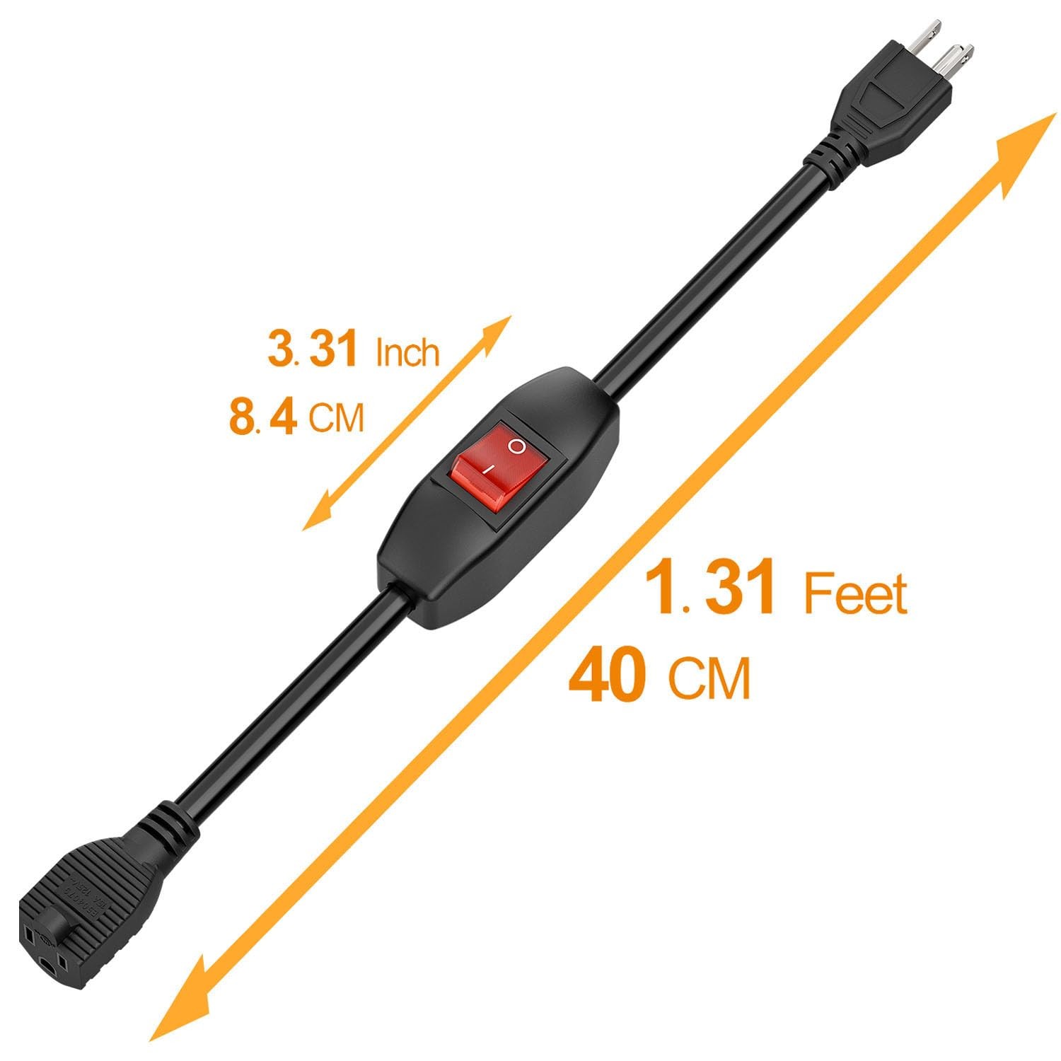 Inline On/Off Switch Extension Cord, 15A Heavy Duty Power Cable, 40CM