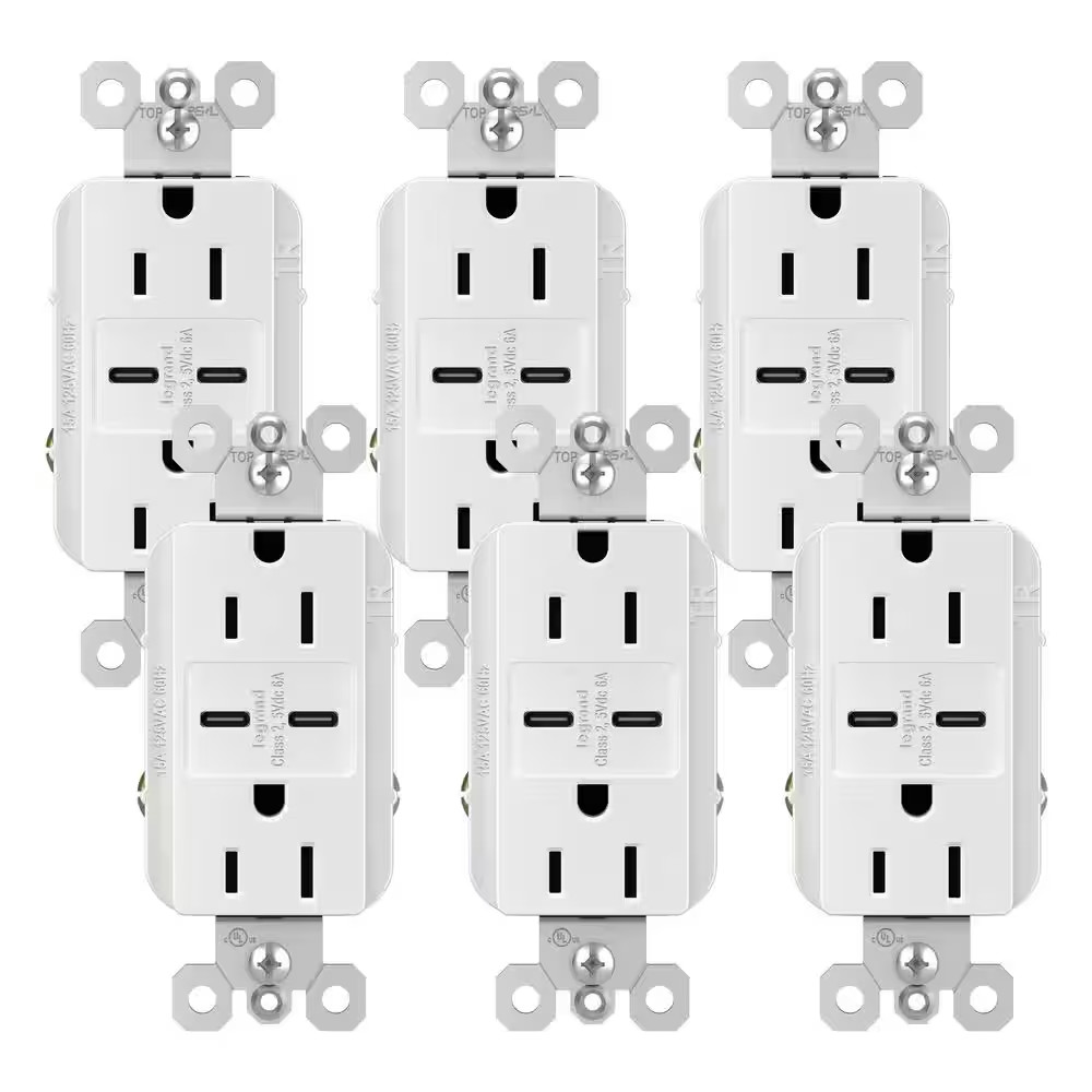 Radiant 15 Amp 125-Volt Decorator Duplex Outlet with 6.0 Amp Type C/C USB, White