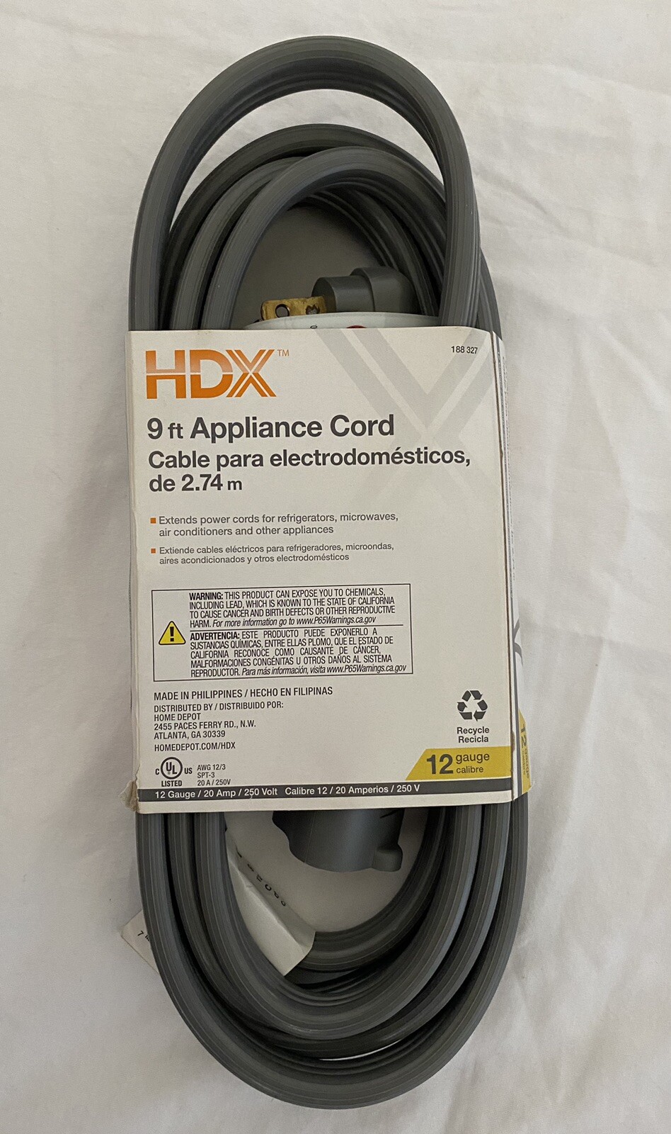HDX 9 ft Appliance Cord 12 Gauge Calibre Electrodomestics Power Cord NEW