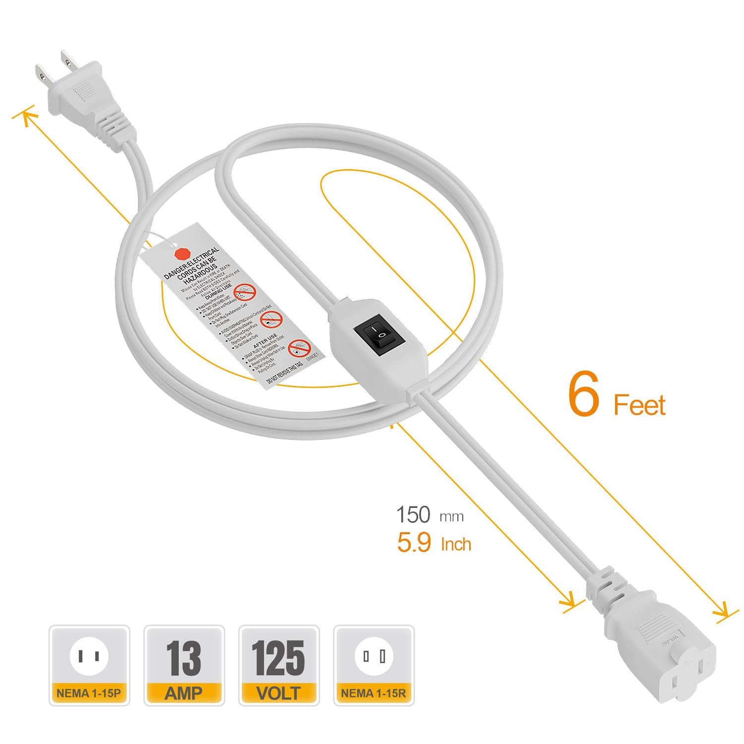 6FT On Off Switch Extension Cord, 2-Prong Polarized Extension Cord with On-Of…