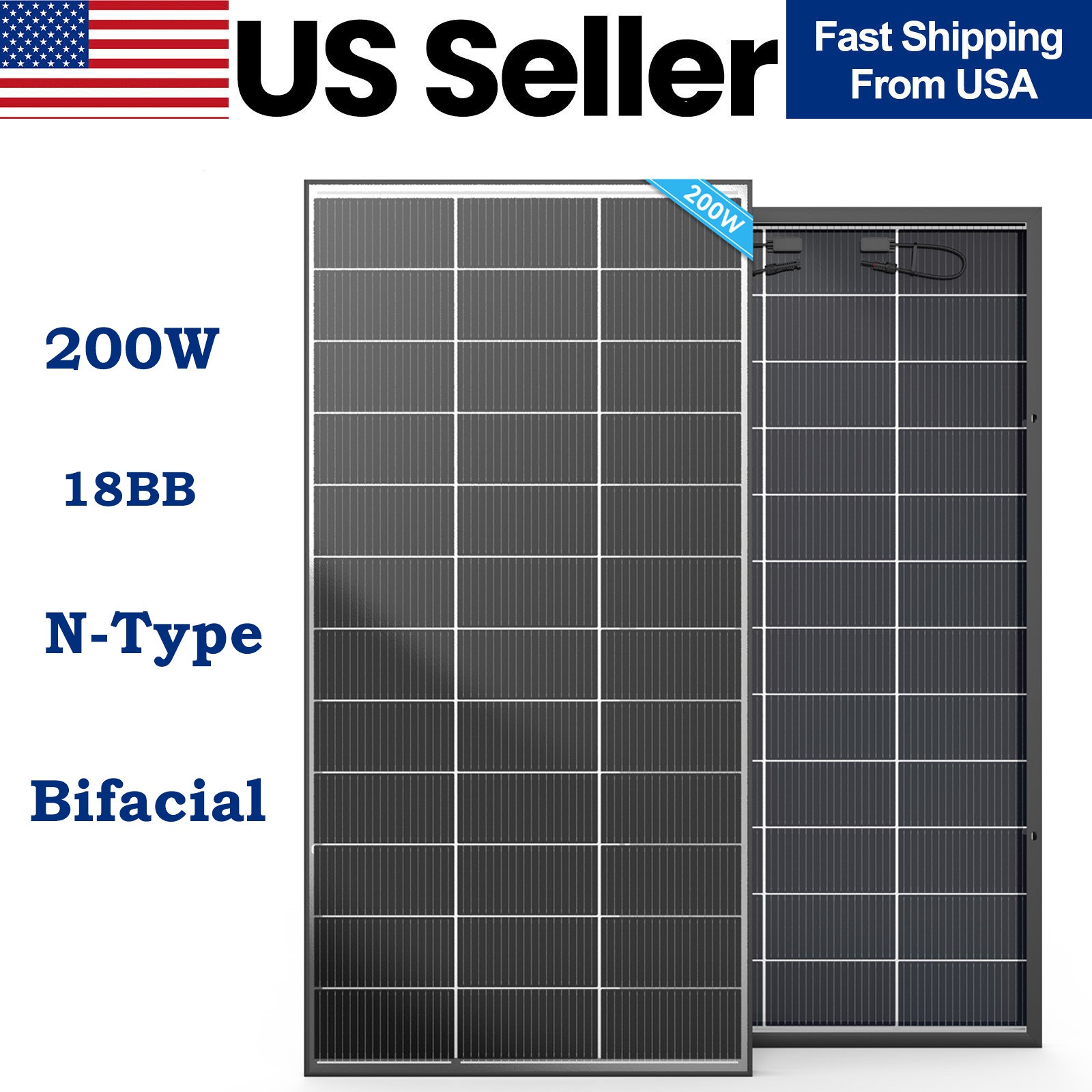 N-Type 200W Bifacial Solar Panel 12V Battery Home PV Off-Grid Boat Power Charger