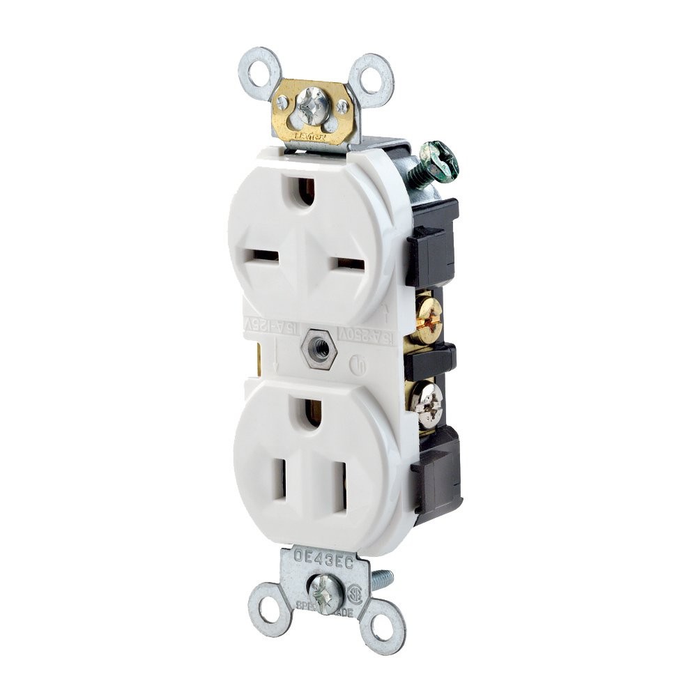 Leviton 15 Amp, 125/250 Volt, Narrow Body Duplex Receptacle, Straight White