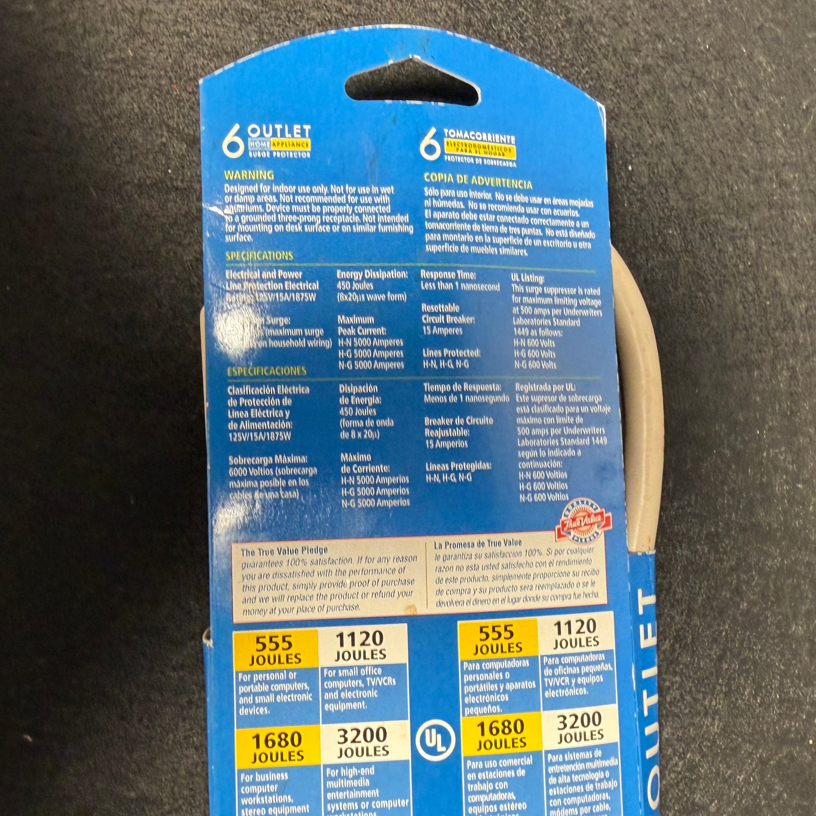 True Value Surge Protector Power Strip 5 Outlet /1 Transformer Spaced 450 Joules
