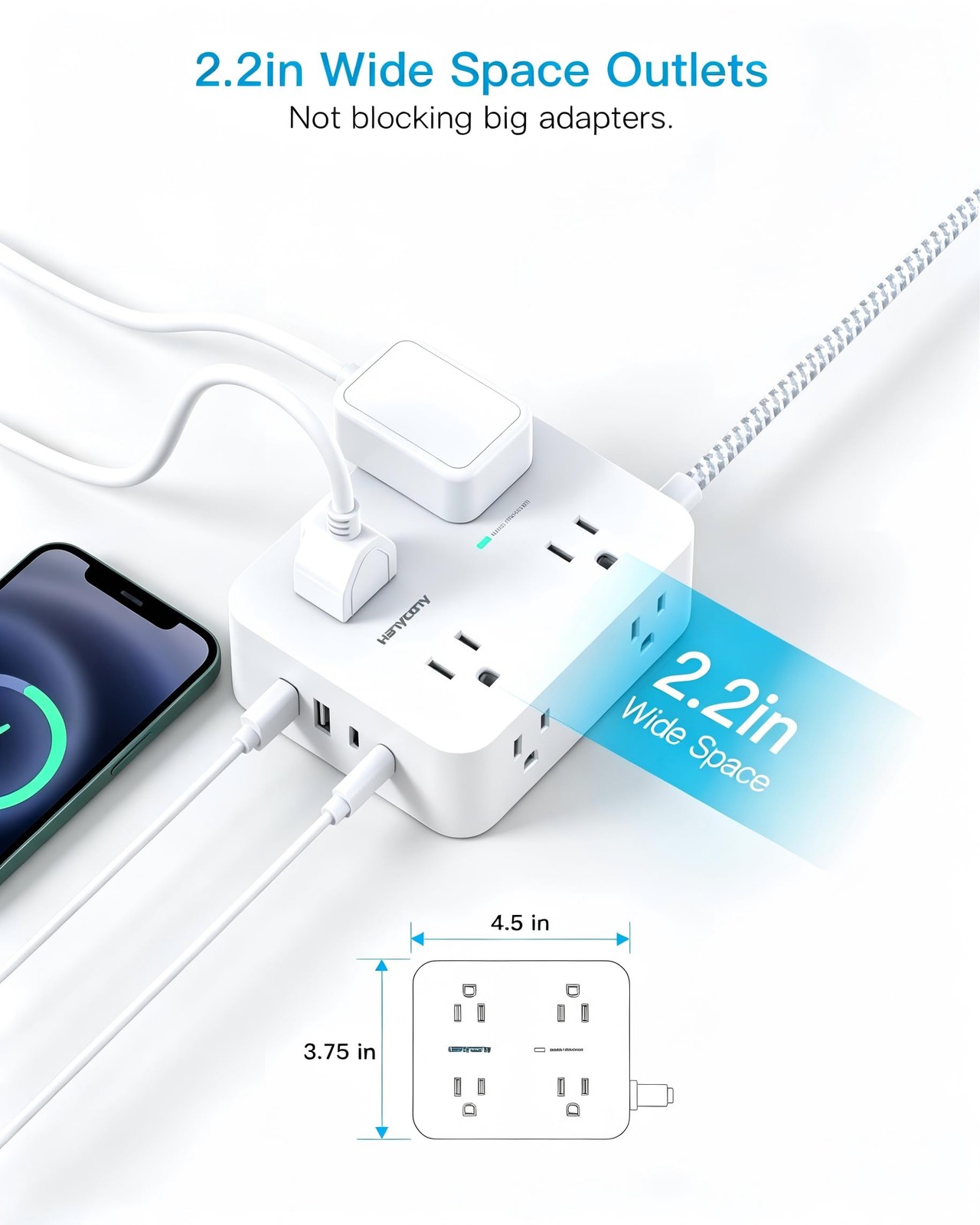 10 FT Braided Extension Cord Flat Plug 8 Outlets 4 USB Ports 1080J Surge