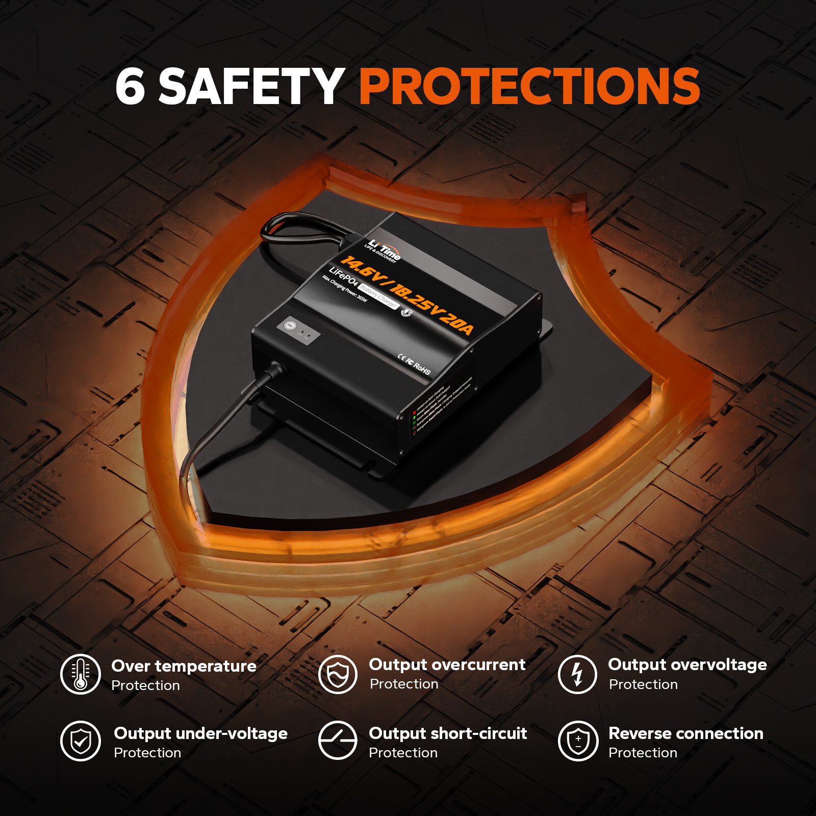 LiTime 12V/16V Dual Voltage 20A Waterproof Lithium LiFePO4 Battery Charger IP65