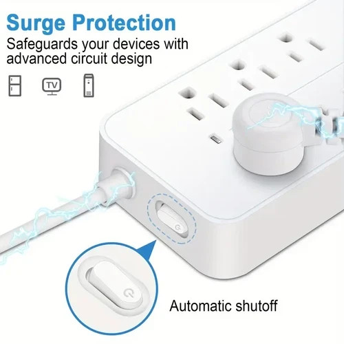 US Power Strip Surge Protector 8 AC Outlets 3 USB Ports + Type C Port 4 FT Cable