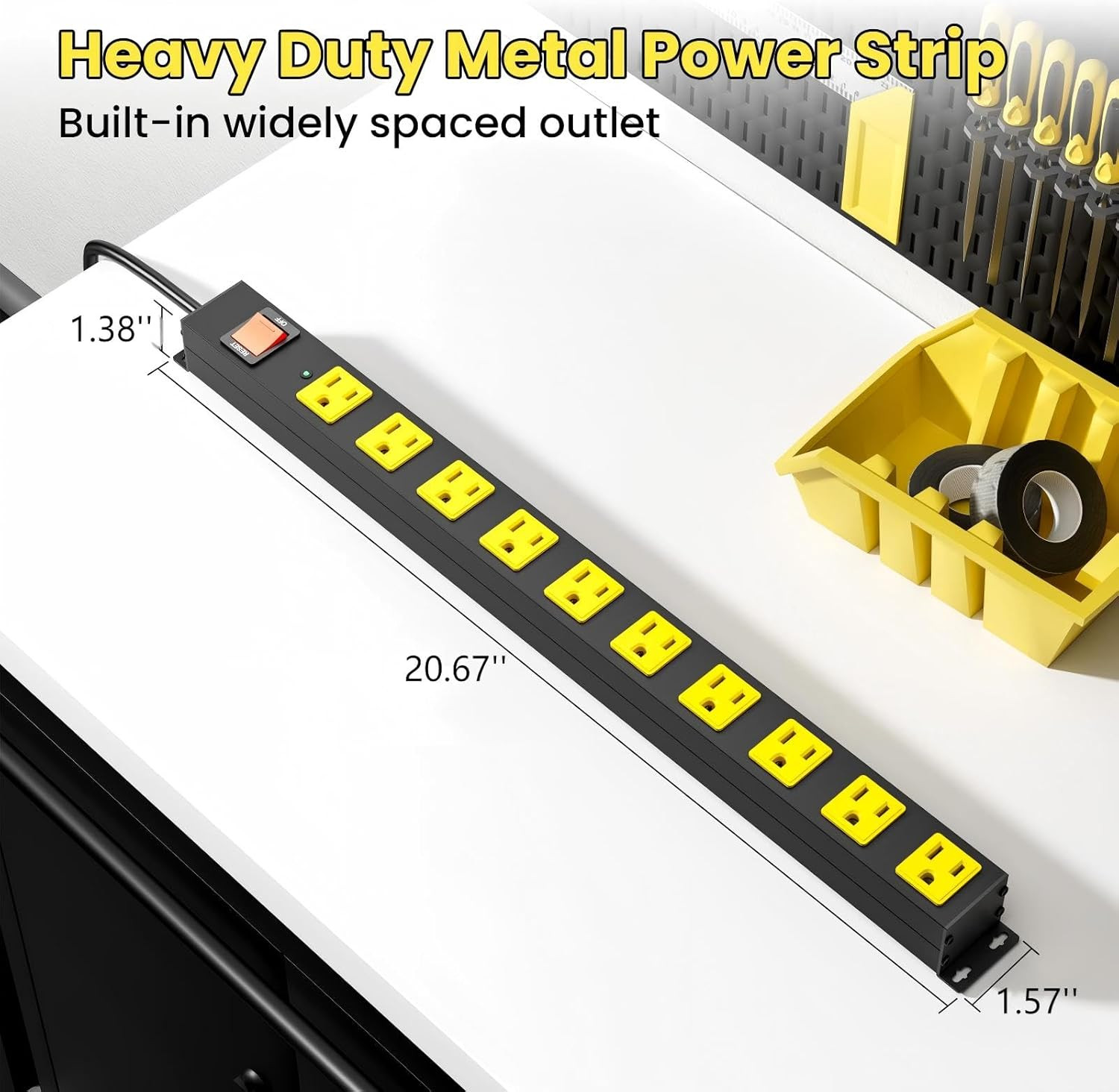 10 Outlet Metal Power Strip with 2100J Surge Protector, Heavy Duty 6FT Extension