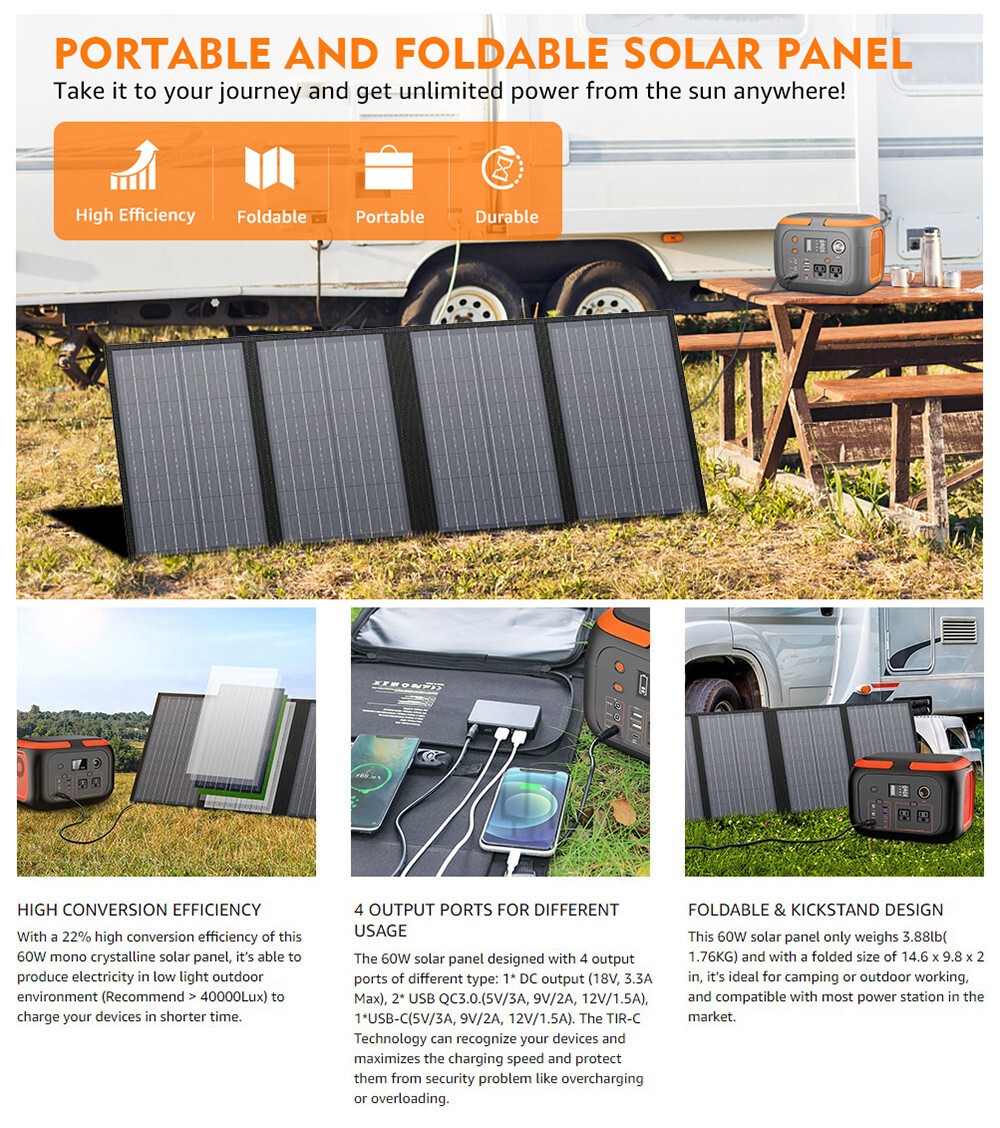 300W Portable Power Station Backup Battery Solar Generator with 60W Solar Panel