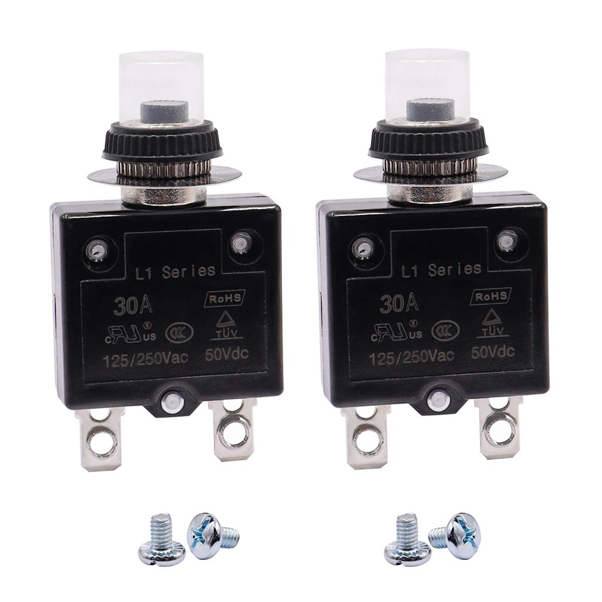 mxuteuk 2Pcs 30Amp Circuit Breakers Push Button Manual Reset 125/250V AC 30A