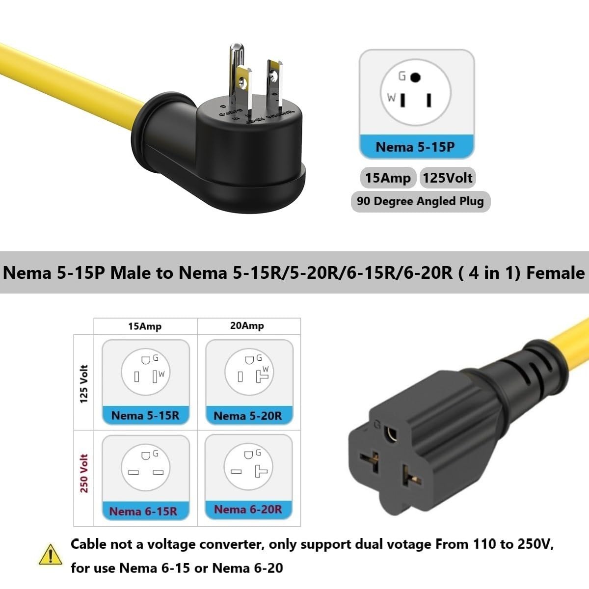 ADCAUDX 1FT 12AWG Right-Angle 15A to 20A Adapter Cable