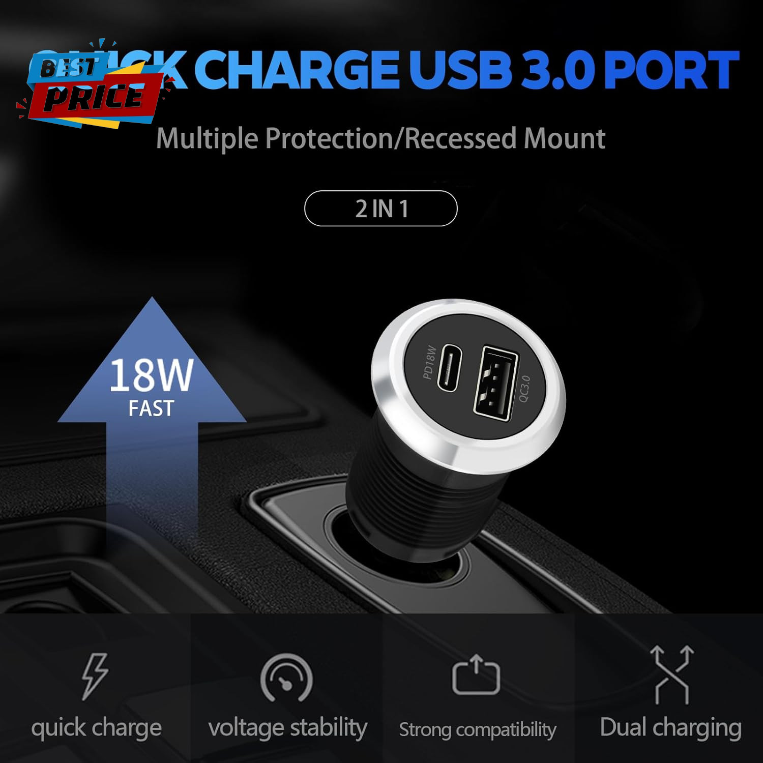 RV USB Outlet 12V Wall Mount, Dual USB Quick Charge 3.0 Port & PD USB C Charger,